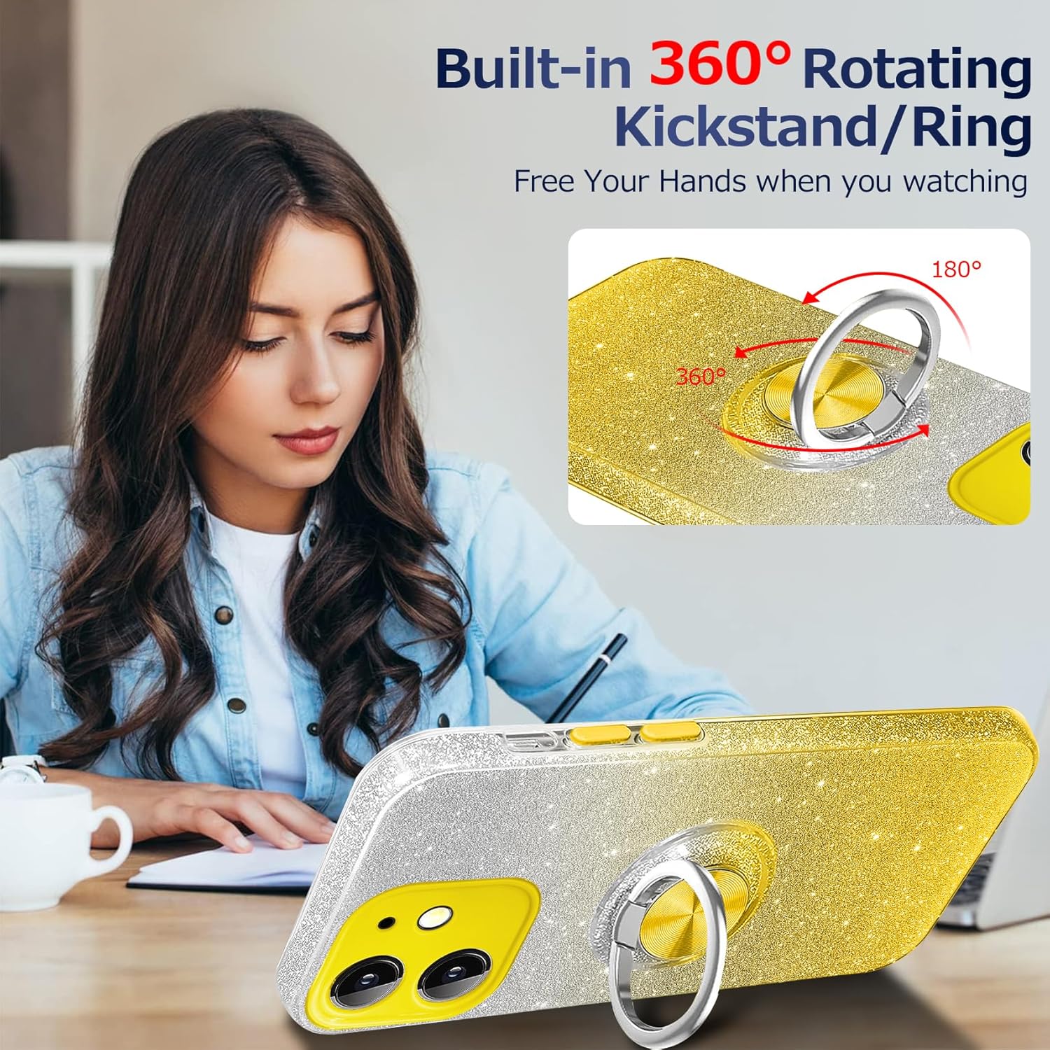 JUNAUTTB Funda para Samsung Galaxy S22 5G con soporte de anillo magnético, purpurina brillante, para niñas y mujeres, funda protectora de TPU y