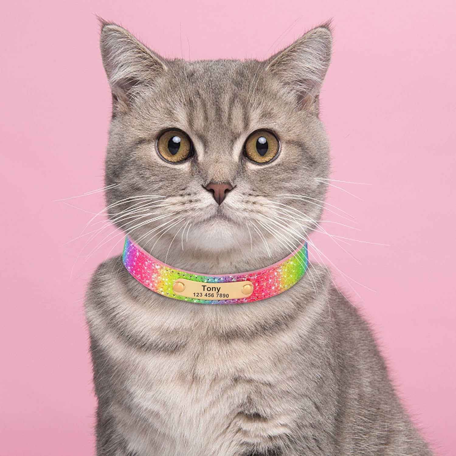 Didog Collares de perro con purpurina, collar de perro de piel sintética personalizada con lentejuelas brillantes, collares personalizados con placa
