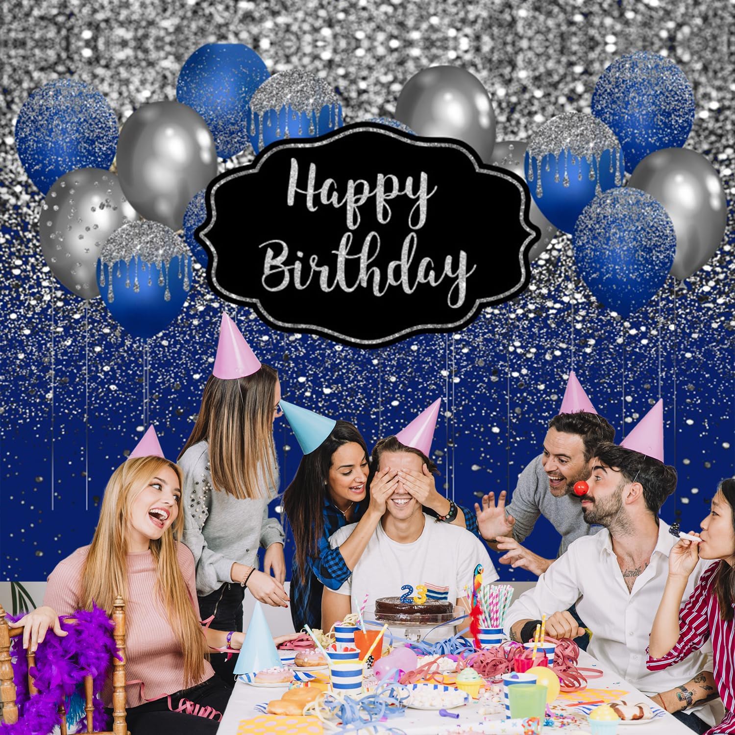 Telón de fondo de feliz cumpleaños azul marino y plateado, globos azules y plateados con purpurina, diamantes, puntos, fiesta de cumpleaños, fondo