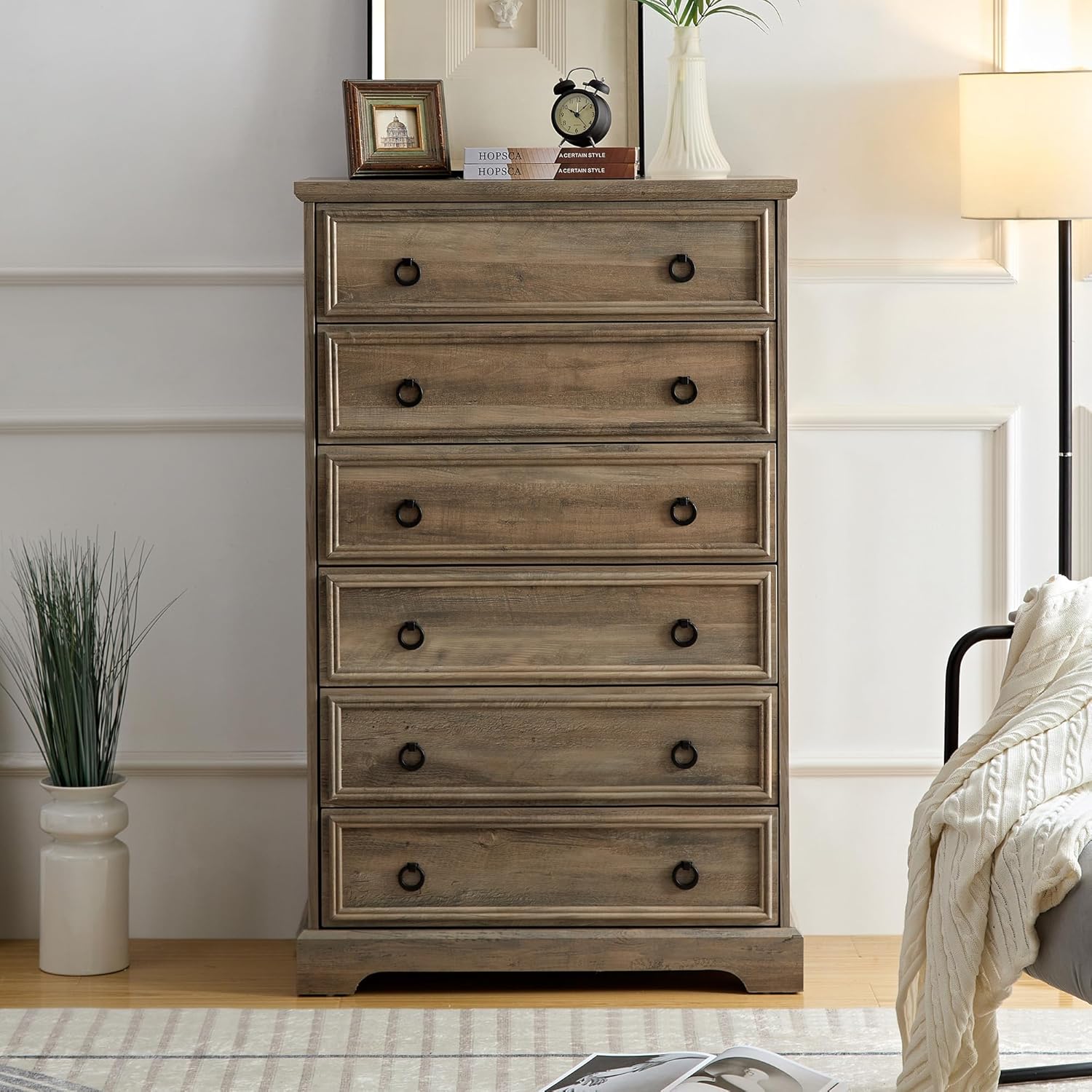Henf Cómoda moderna de 6 cajones para dormitorio, cómoda alta de madera, organizadores de armario y almacenamiento de ropa, unidad organizadora de