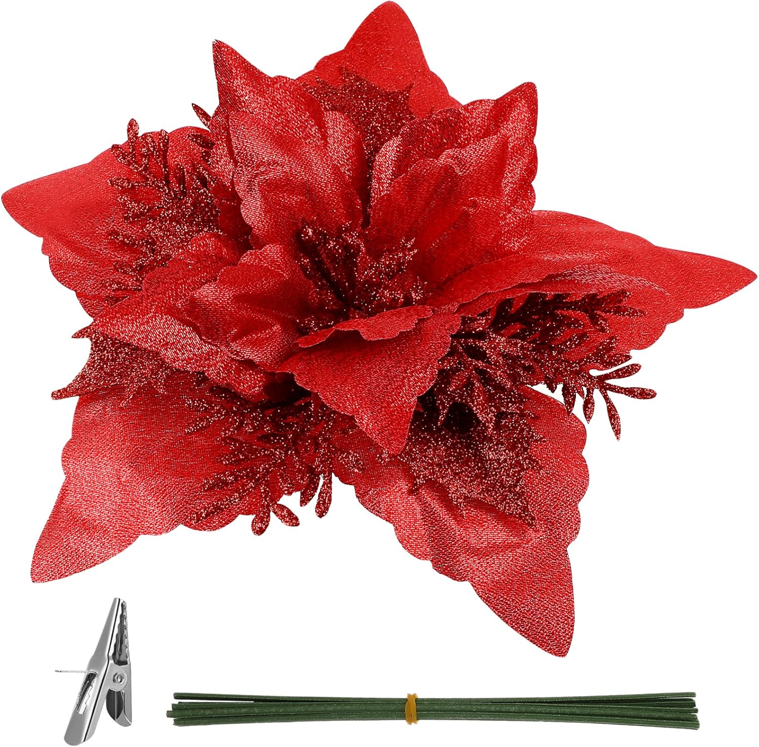 Gadpiparty 12 flores de pascua artificiales con purpurina para Navidad, flores artificiales con purpurina para decoración de árbol con clips y tallo