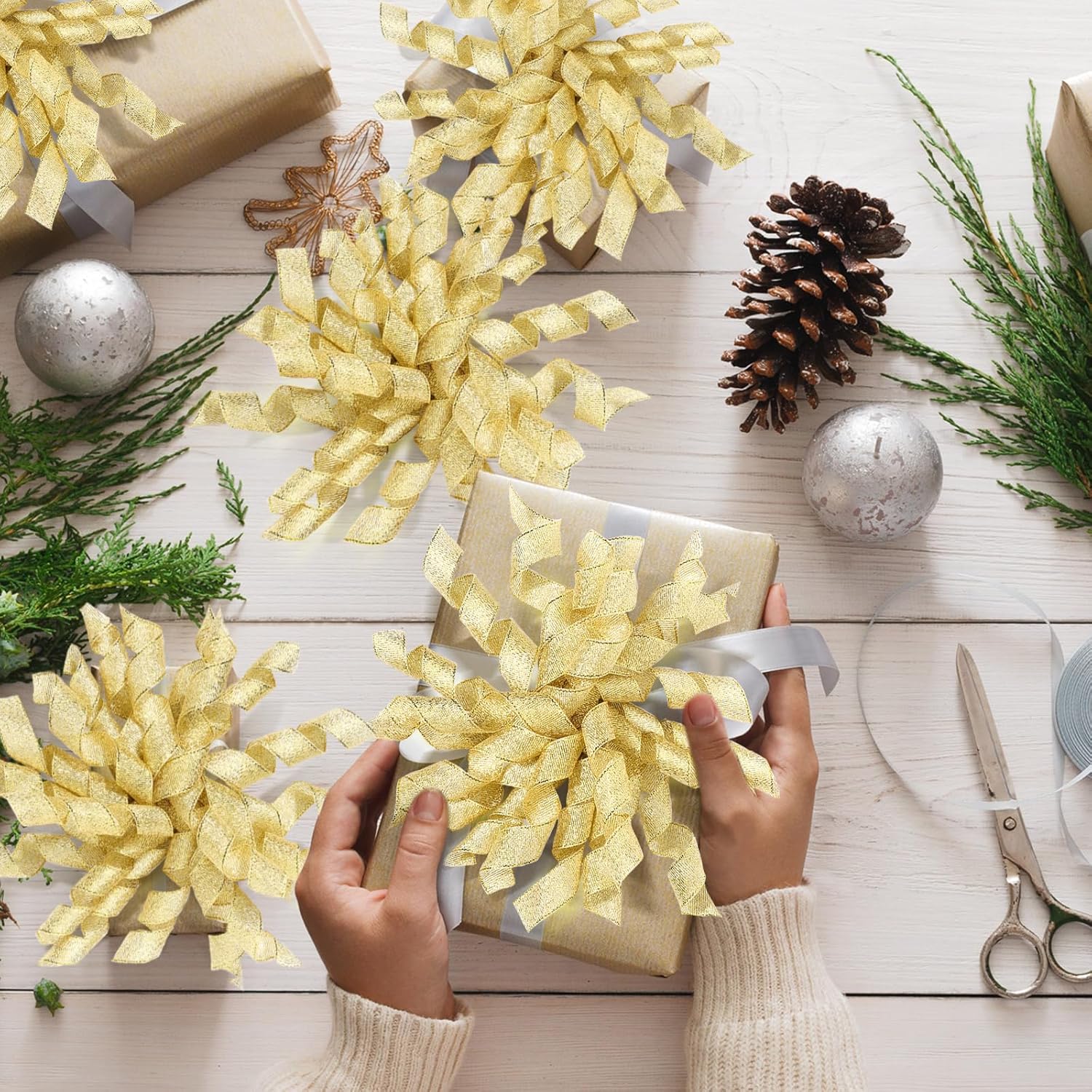 Xinnun 24 lazos para envoltura de regalos, lazo rizado de Navidad de 6 pulgadas, lazos de regalo autoadhesivos con purpurina para manualidades,