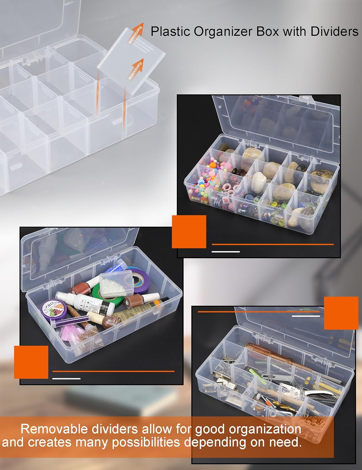 Sjqecyfv Organizador de plástico para aparejos, caja organizadora de plástico transparente con divisores, contenedor de cuentas, contenedores de