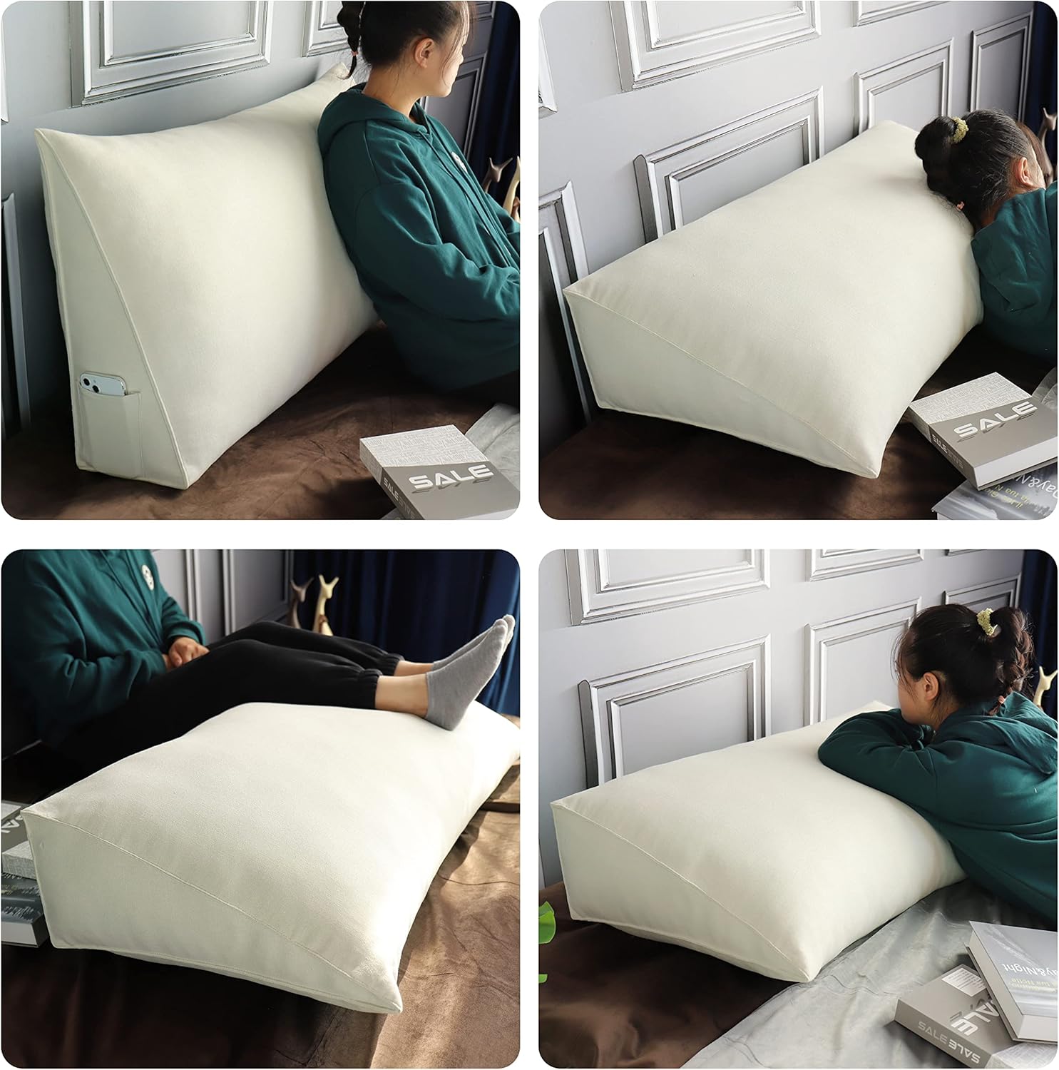 Johnear Almohada triangular para cabecero, almohada de cuña de algodón y lino, almohada grande para respaldo de lectura para sofá cama, soporte