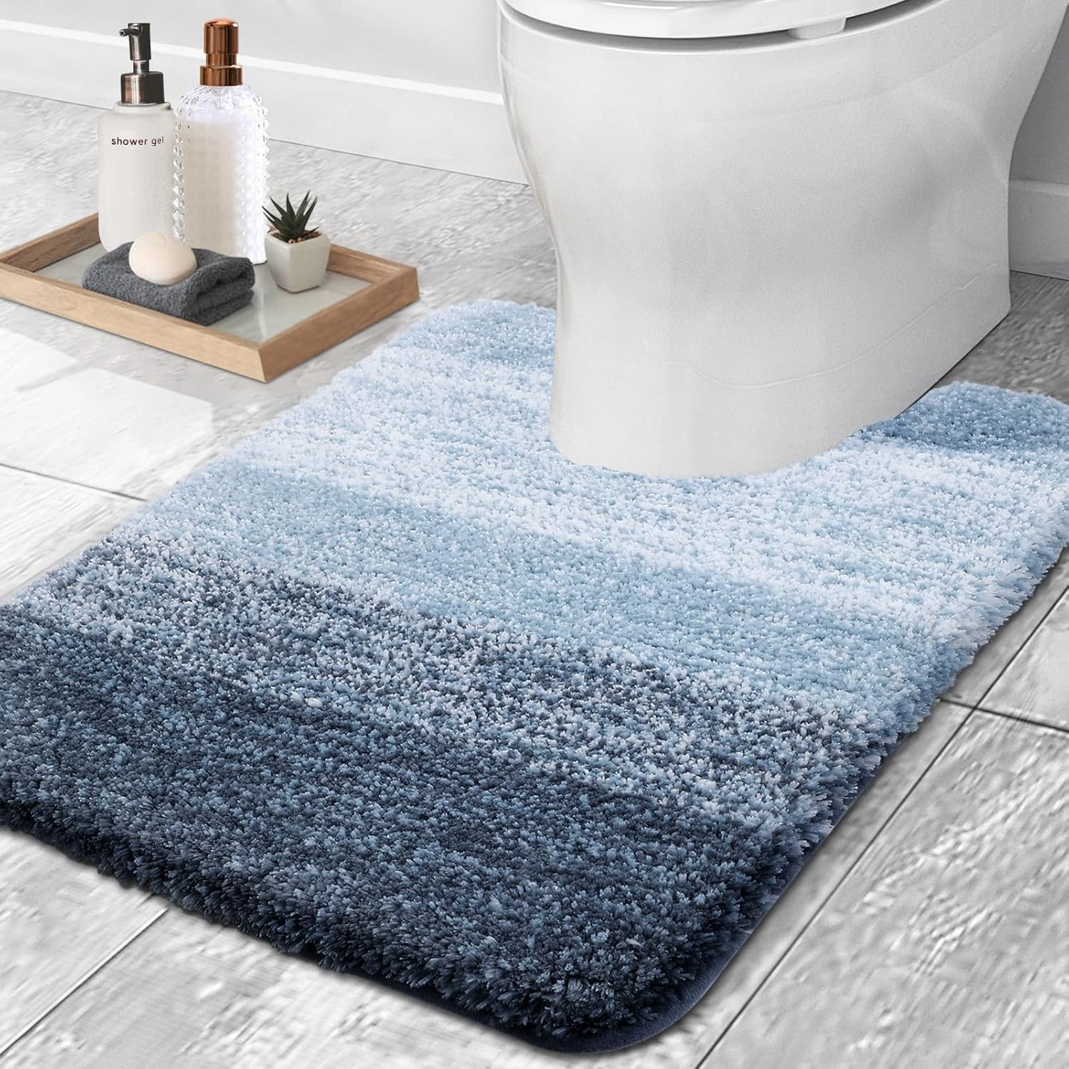 OLANLY Alfombra de baño y aseo en forma de U, tamaño 24 x 20 pulgadas, juego de alfombras de baño de 30 x 20 + 24 x 16 pulgadas, color azul marino,