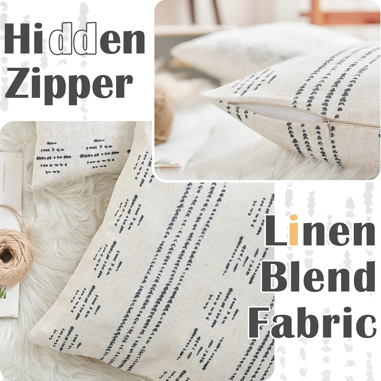 jinchan Juego de 2 fundas de almohada de lino con patrón geométrico de rayas bohemias con textura para sofá, cama, sala de estar, 18 x 18 pulgadas,