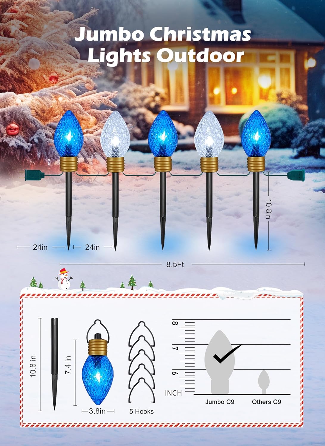 Brightown Strawberry Jumbo C9 – Luces de camino de Navidad para exteriores, 8.5 pies, 5 luces LED Jumbo C9, luces de Navidad de bombilla multicolor,