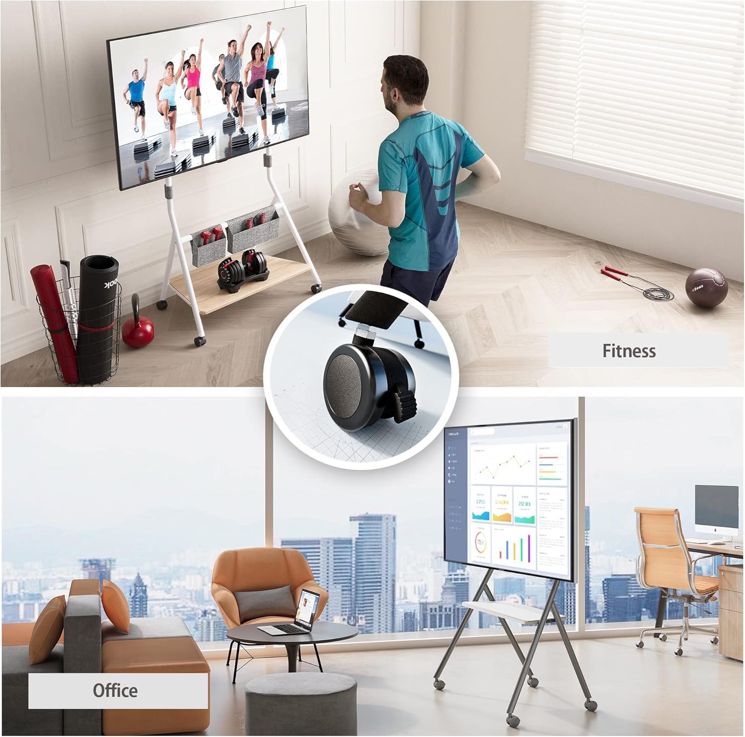 FITUEYES Soporte de TV móvil de diseño para TV de 55, 60, 65, 75, 78 pulgadas, soporte de suelo con soporte para oficina, sala de estar, hotel,