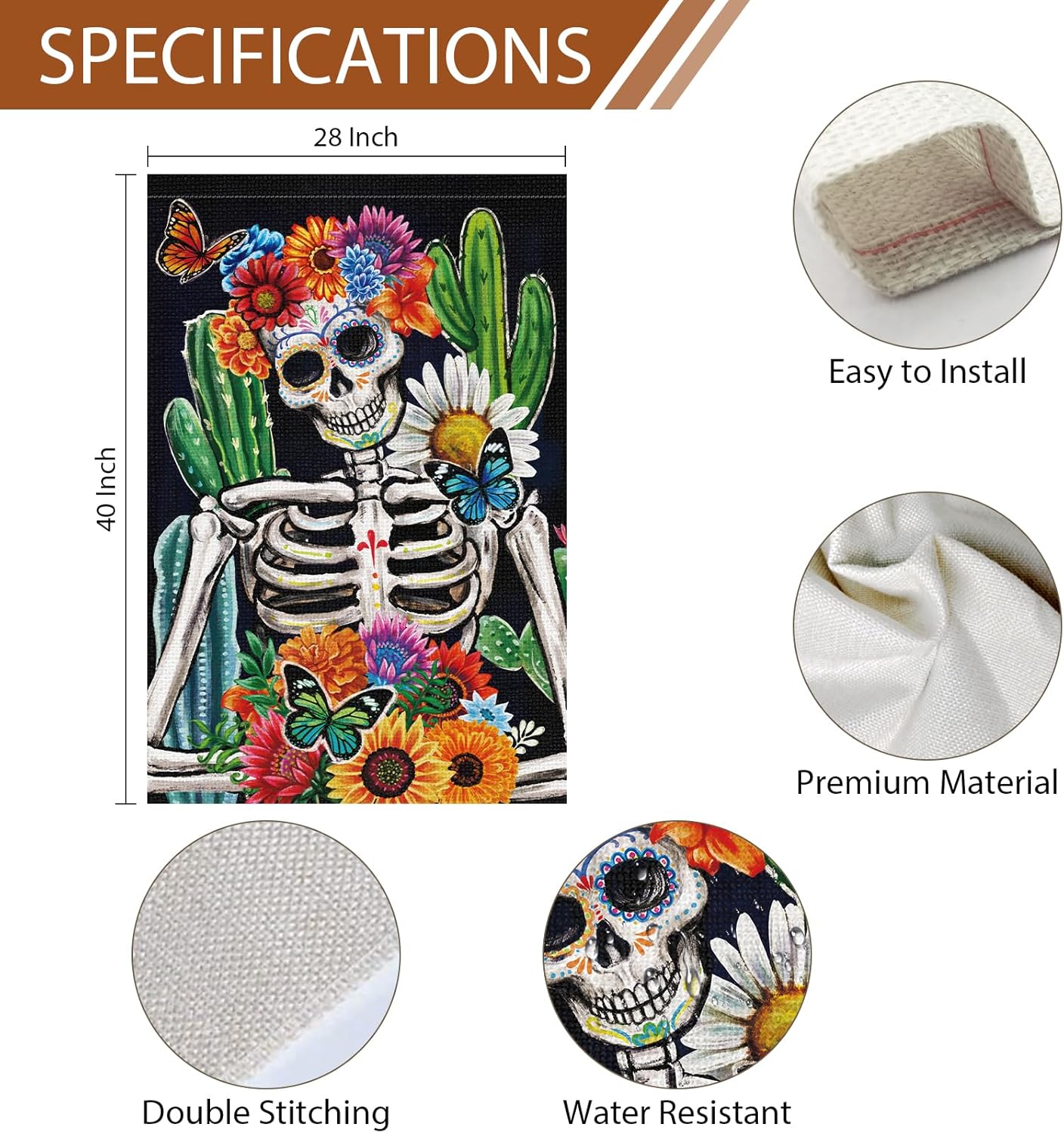 Bandera de jardín del Día de los Muertos de 28 x 40 pulgadas, de arpillera de doble cara, calavera, esqueleto, flor, banderas de jardín Dia DE Los