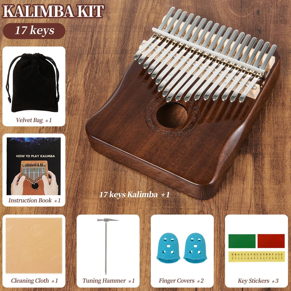 Kalimba – Piano de pulgar de 17 teclas (rojo marrón)