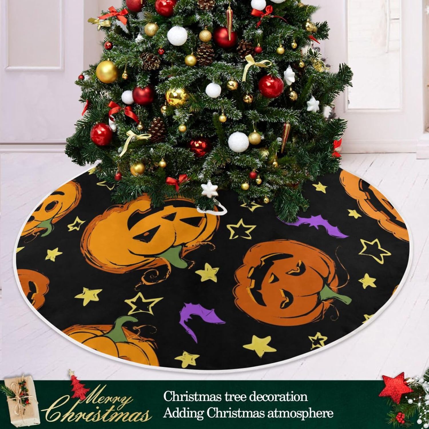 Halloween Pumpkins Festive Christmas Tree Base Skirt, Christmas Tree Floor Decor, Christmas Tree Skirt Machine Washable, Tree Skirt for 3ft Tree