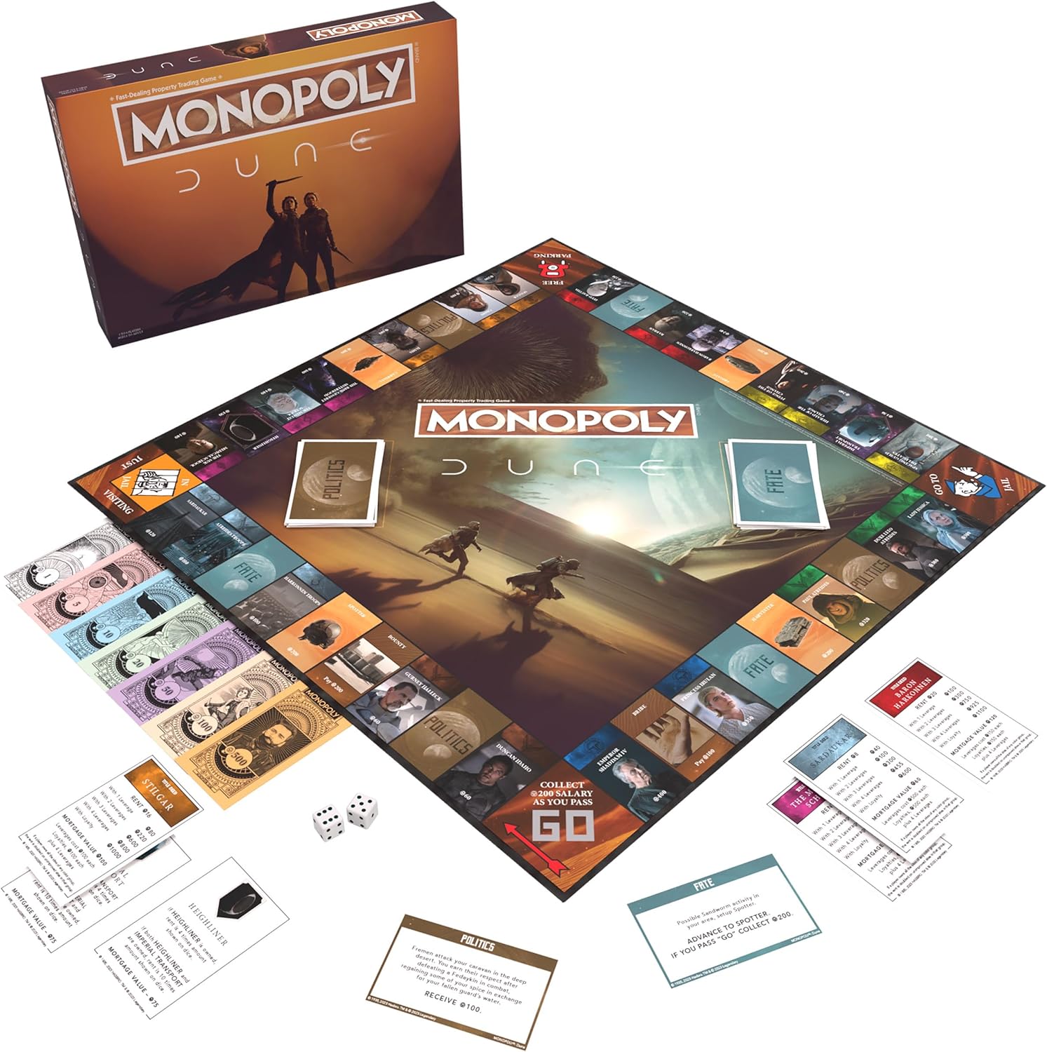 Monopoly Dune  Juega como The Ducal Ring, Crysknife, Gom Jabbar y más  Juego coleccionable con licencia oficial basado en The Movie Dune