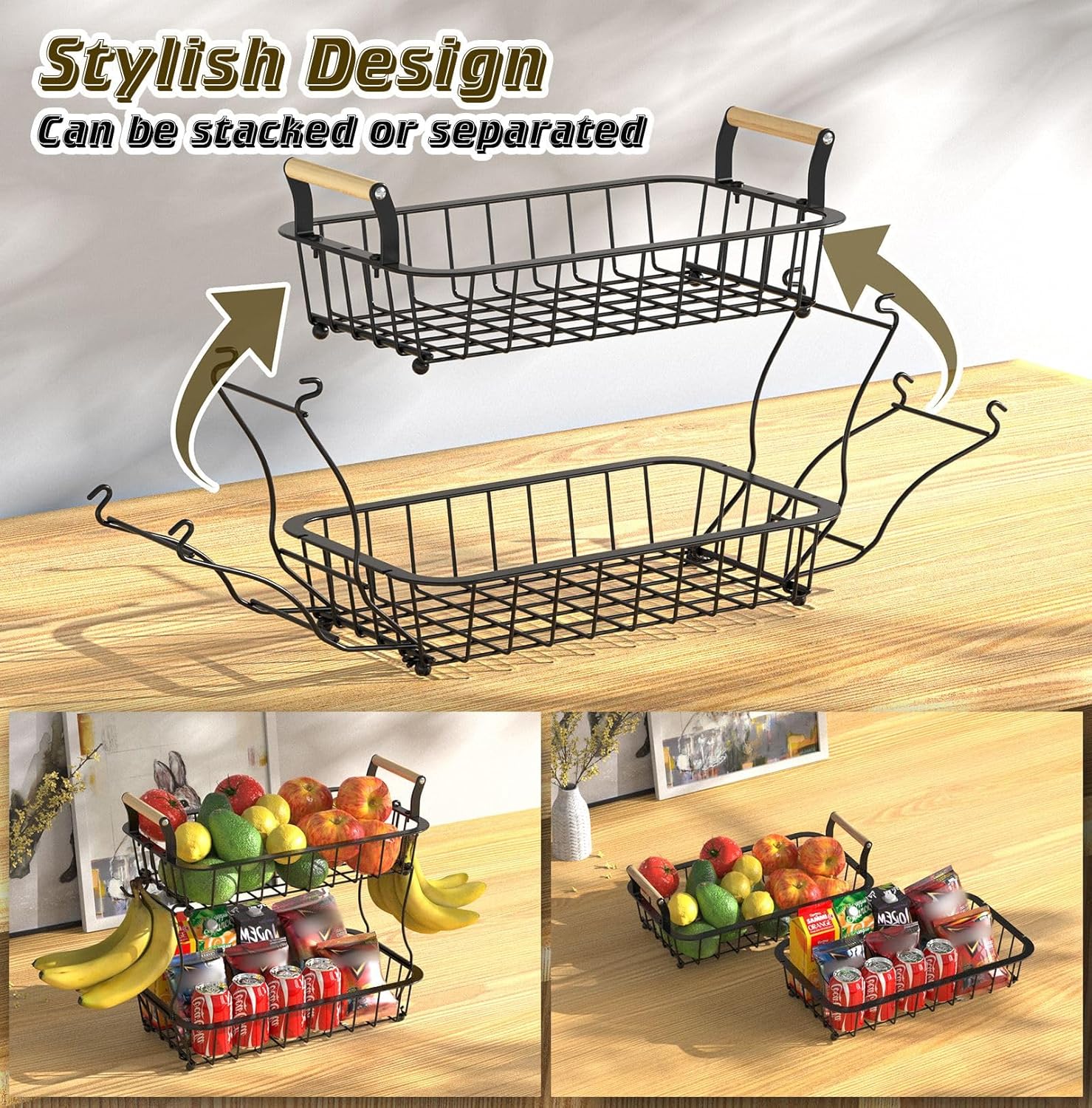 Cesta de frutas de 2 niveles para encimera de cocina con 2 ganchos para plátanos, cuenco de frutas para encimera de cocina, soporte grande para