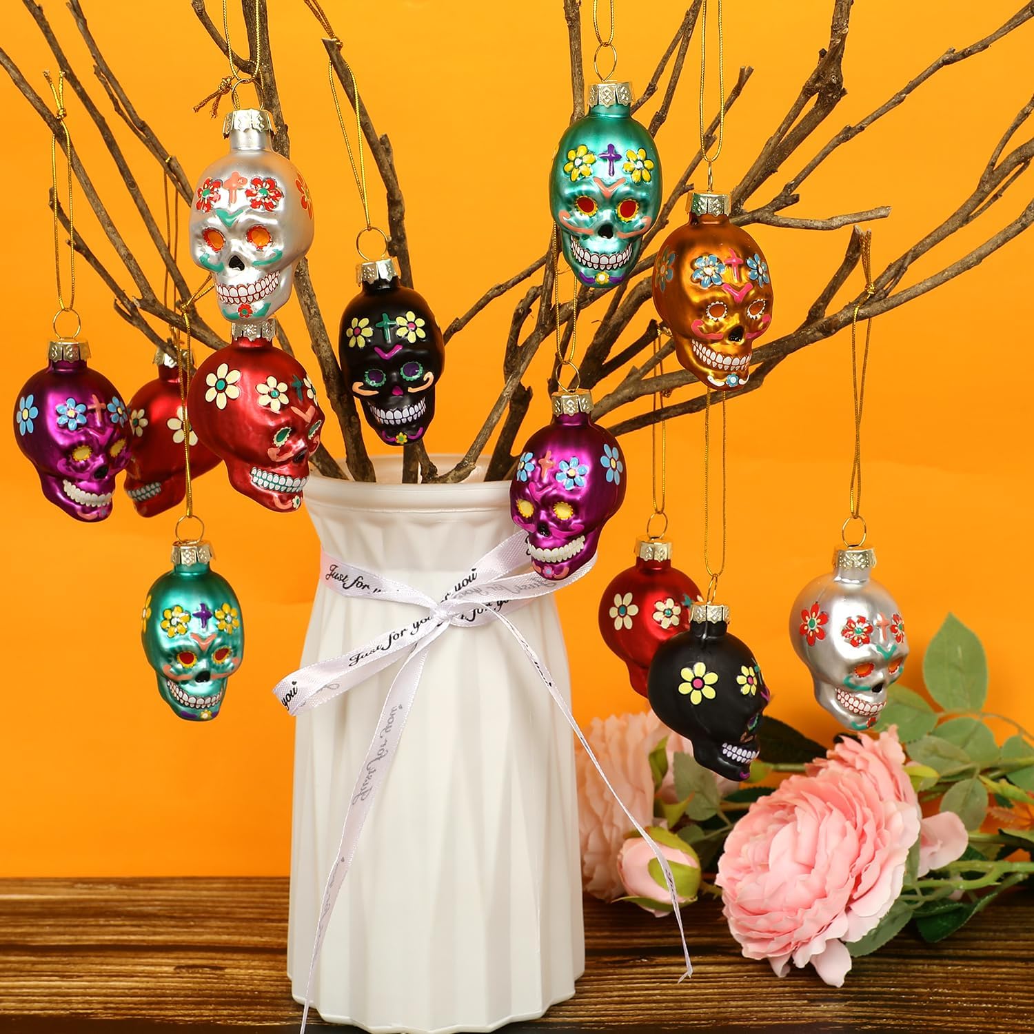 12 adornos de calavera de cristal del Día de los Muertos, adornos colgantes de calavera de azúcar para Halloween, decoración de cabeza de esqueleto