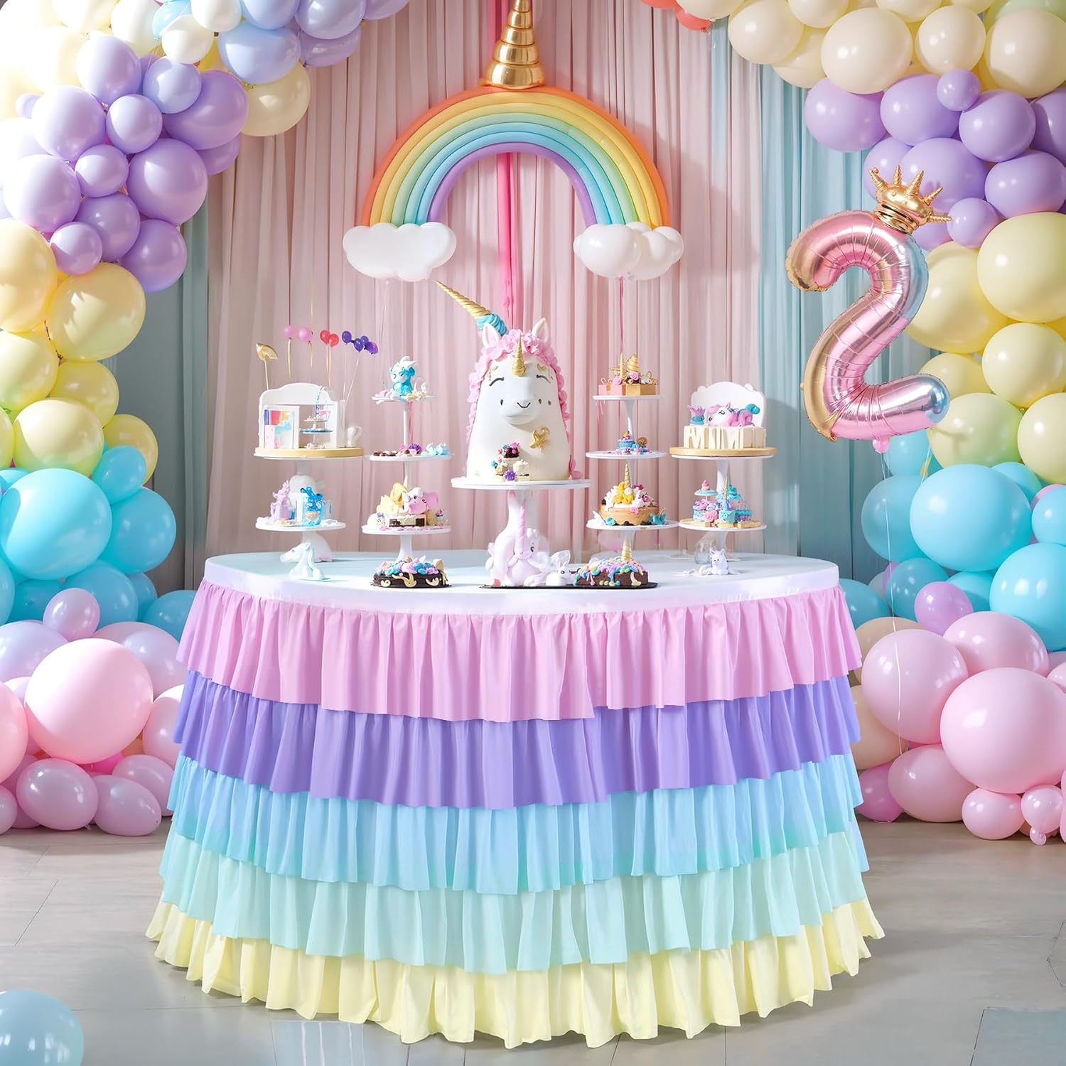 Falda de mesa tutú de unicornio arcoíris de 9 pies para mesas redondas rectangulares, mantel de gasa para decoración de fiesta de cumpleaños de