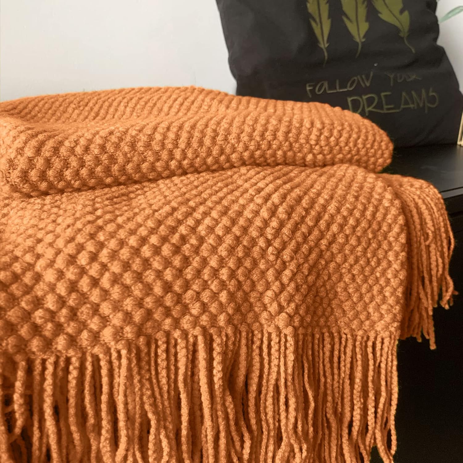 LOMAO Manta de punto con borlas con textura de burbujas, manta ligera para funda de sofá, decoración del hogar (naranja, 50 x 60 pulgadas)