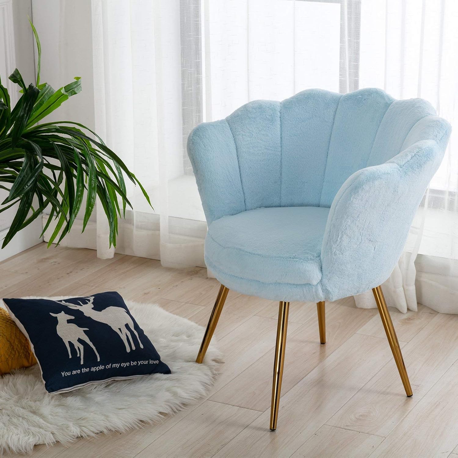 Wahson Silla tapizada de piel sintética de felpa, cómoda silla de tocador de microfibra moderna de mediados de siglo con patas doradas, silla de