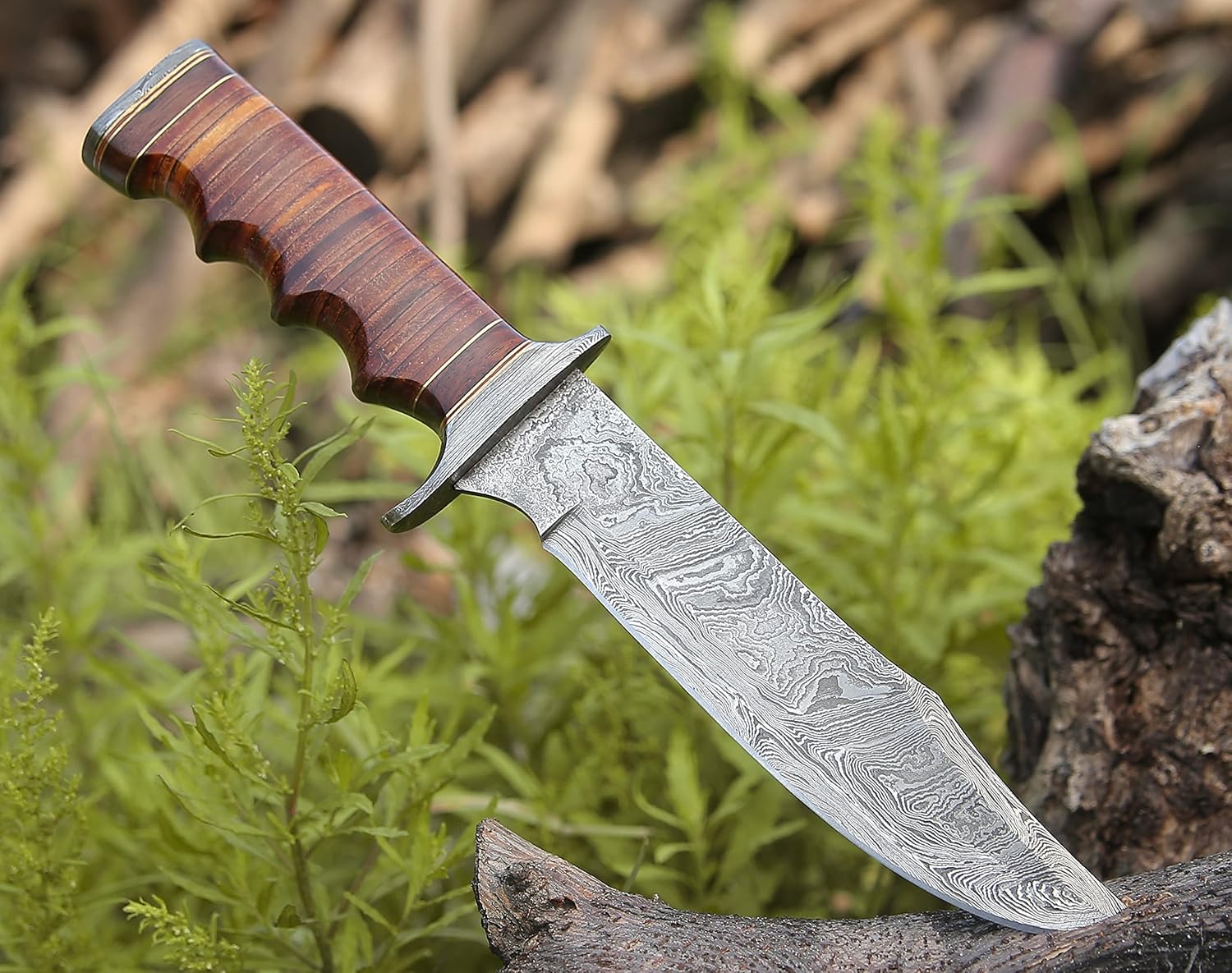 Cuchillo de caza de Damasco, cuchillo Bowie con mango de cuero apilado y funda de 12 pulgadas