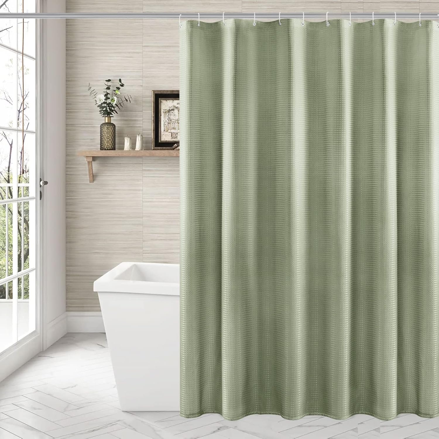 Cortina de ducha verde salvia, cortina de ducha de tejido gofre para juego de baño con ganchos, decoración impermeable de lujo estilo spa de hotel,