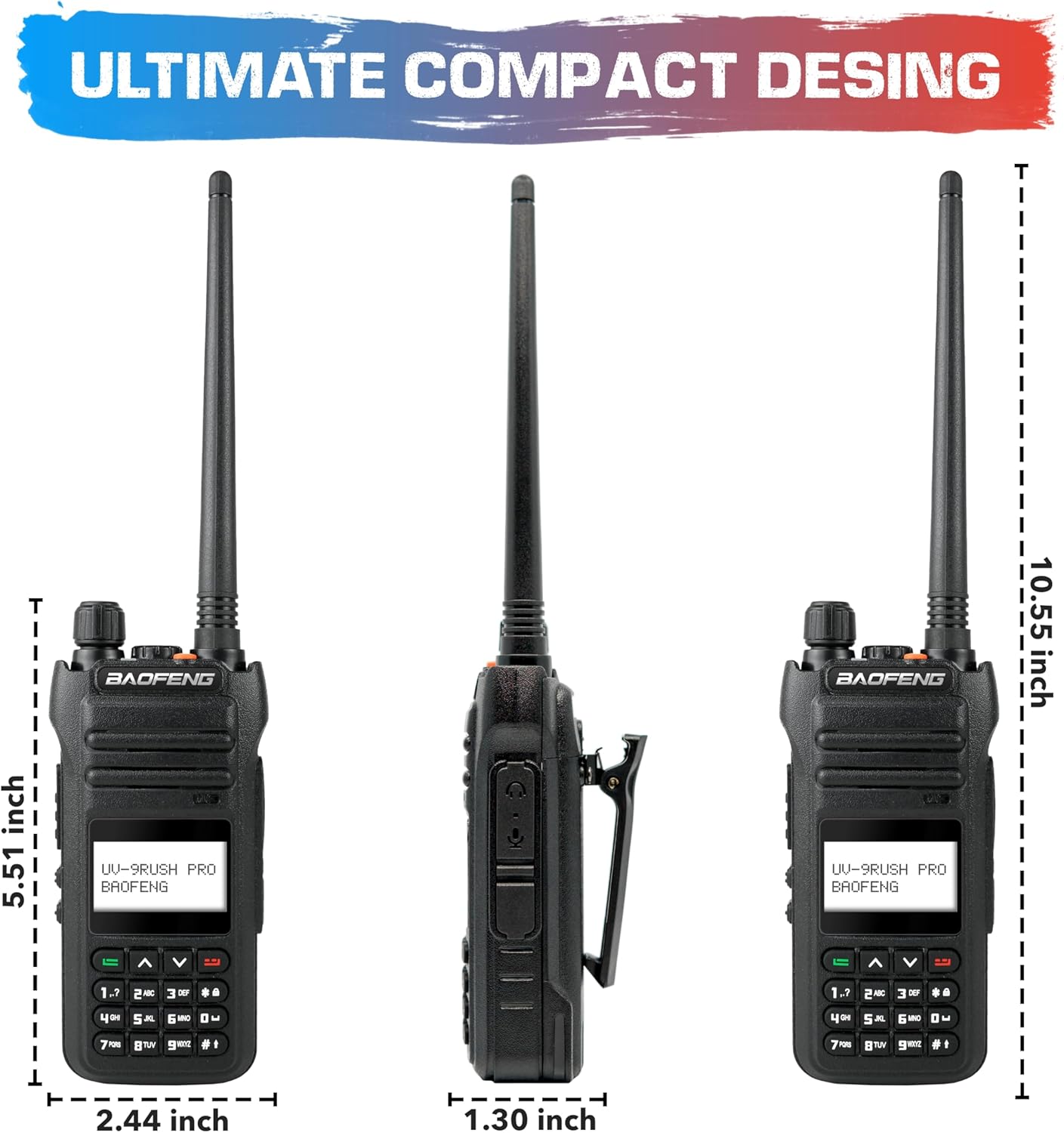 UV-9Rush Pro 10 W (actualizado Baofeng BF-H5) Radio portátil de mano UHF VHF Radio de mano de doble banda IP54 con batería de 2200 mAh. Pin K2