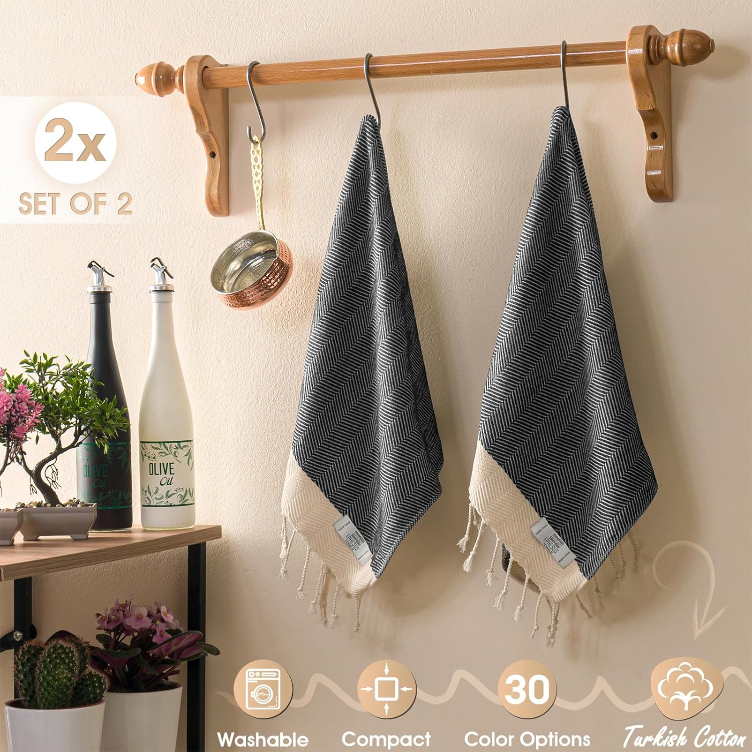 EPHESUS TOWELS Juego de 2 toallas de mano, 18 x 40 pulgadas, algodón turco, toalla de mano decorativa turca para baño, cocina, invitados, cara,