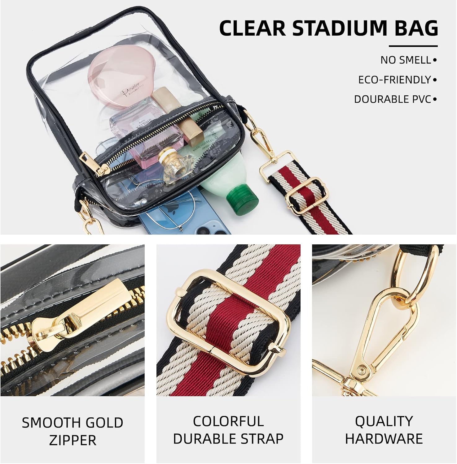 Bolso cruzado transparente aprobado para estadios, correa de hombro ajustable, bolsa cruzada transparente para conciertos, eventos deportivos