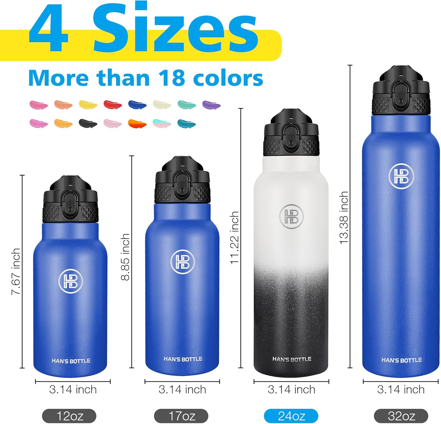 Han’s Bottle Botella de agua deportiva de 24 onzas, tapa con pajilla, a prueba de fugas, acero inoxidable aislado al vacío, doble pared, taza