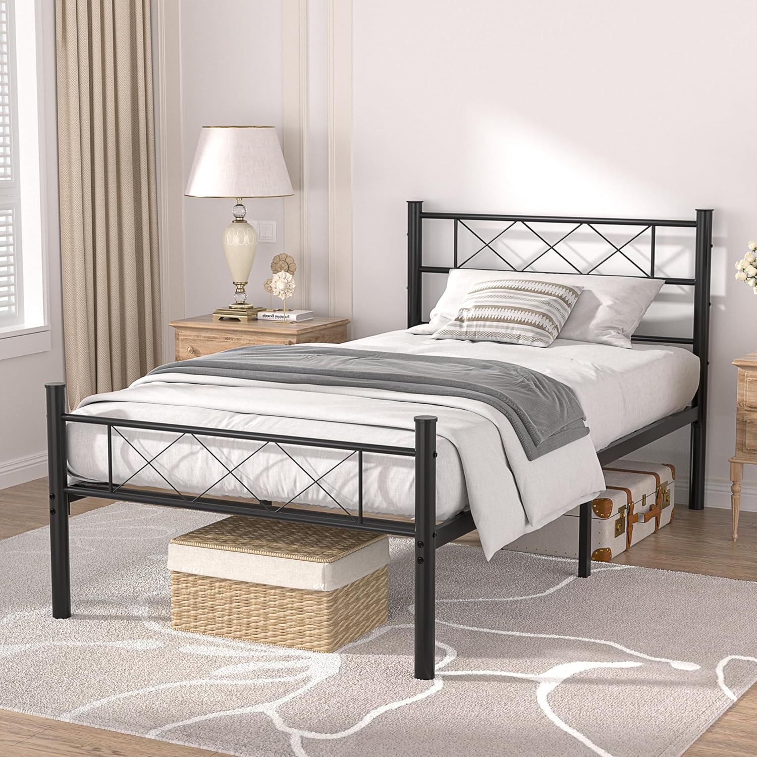 VECELO Base de cama tamaño individual con cabecero, plataforma resistente y base de colchón con soporte de listones de metal, no necesita somier,