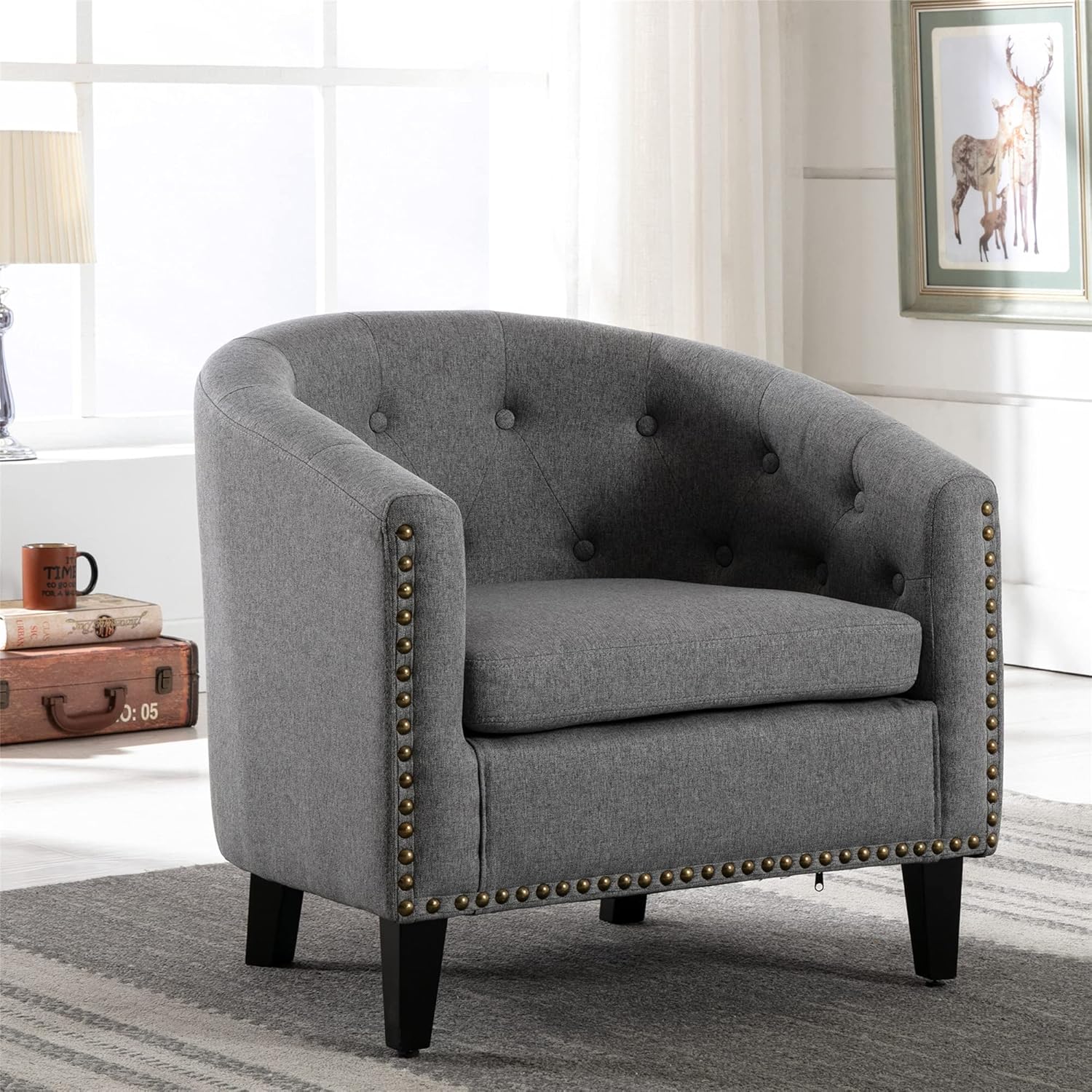 Sillón moderno para sala de estar, sillas de barril, silla de barril de tela de lino con decoración de remaches, sillas de barril decorativas para