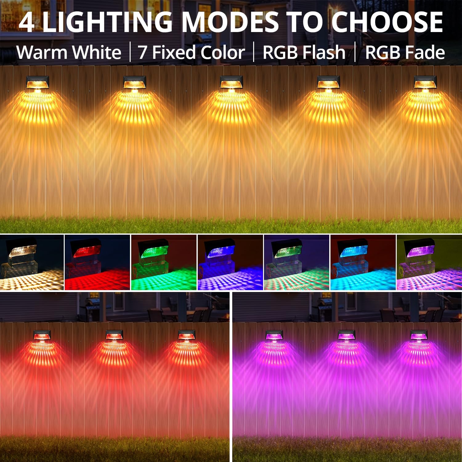 INCLAKE Paquete de 4 luces solares para valla, cambio de color síncrono, luces solares para cubierta con blanco cálido y modo RGB y función de