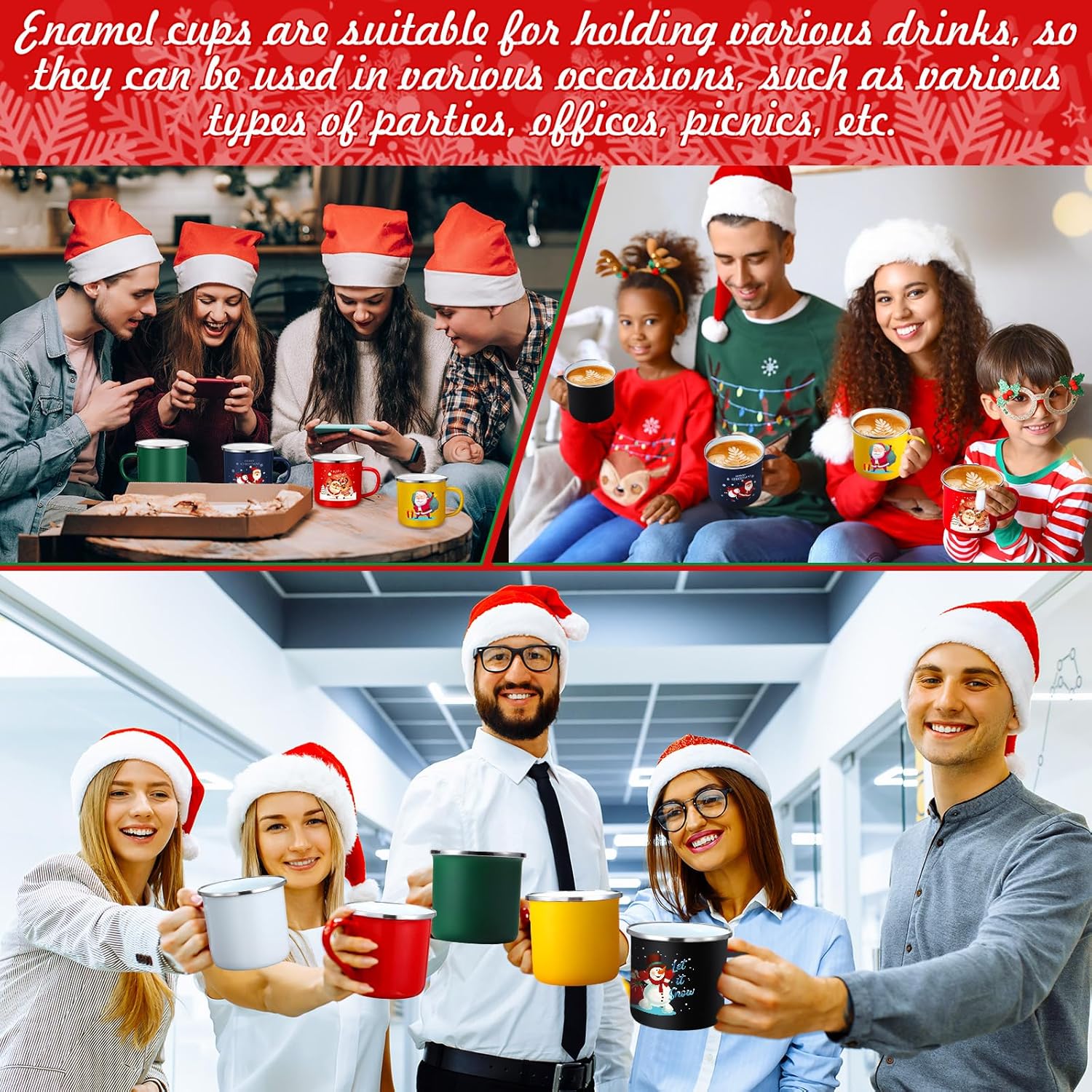 Zhehao 6 tazas de café de Navidad esmaltadas de 12 onzas de Navidad con diseño de feliz Navidad, tazas de café de Navidad para Navidad, café, té,