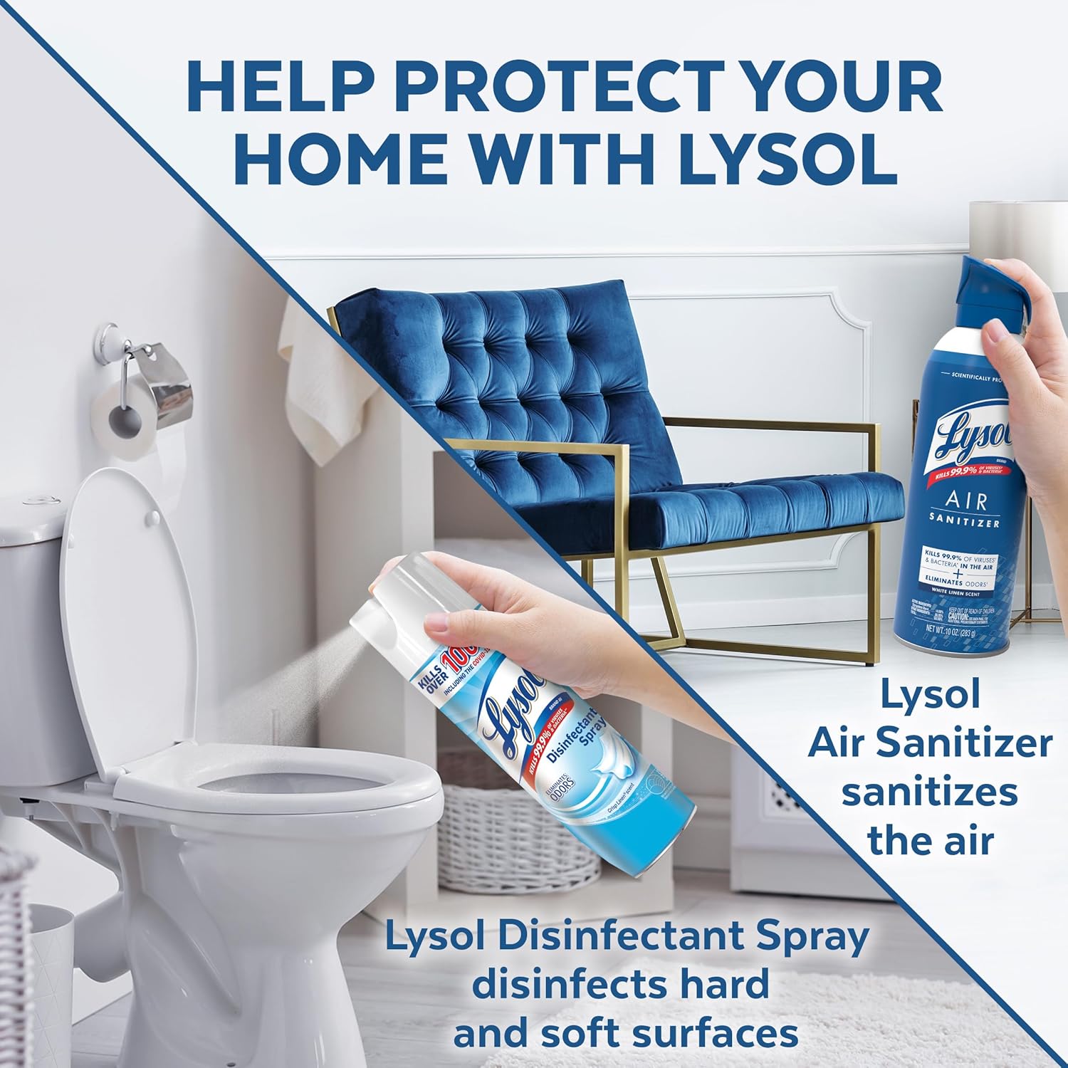 Lysol Paquete que contiene 2 aerosoles desinfectantes Lysol para superficies duras y suaves, lino crujiente, 19 onzas líquidas + Lysol Air Sanitizer