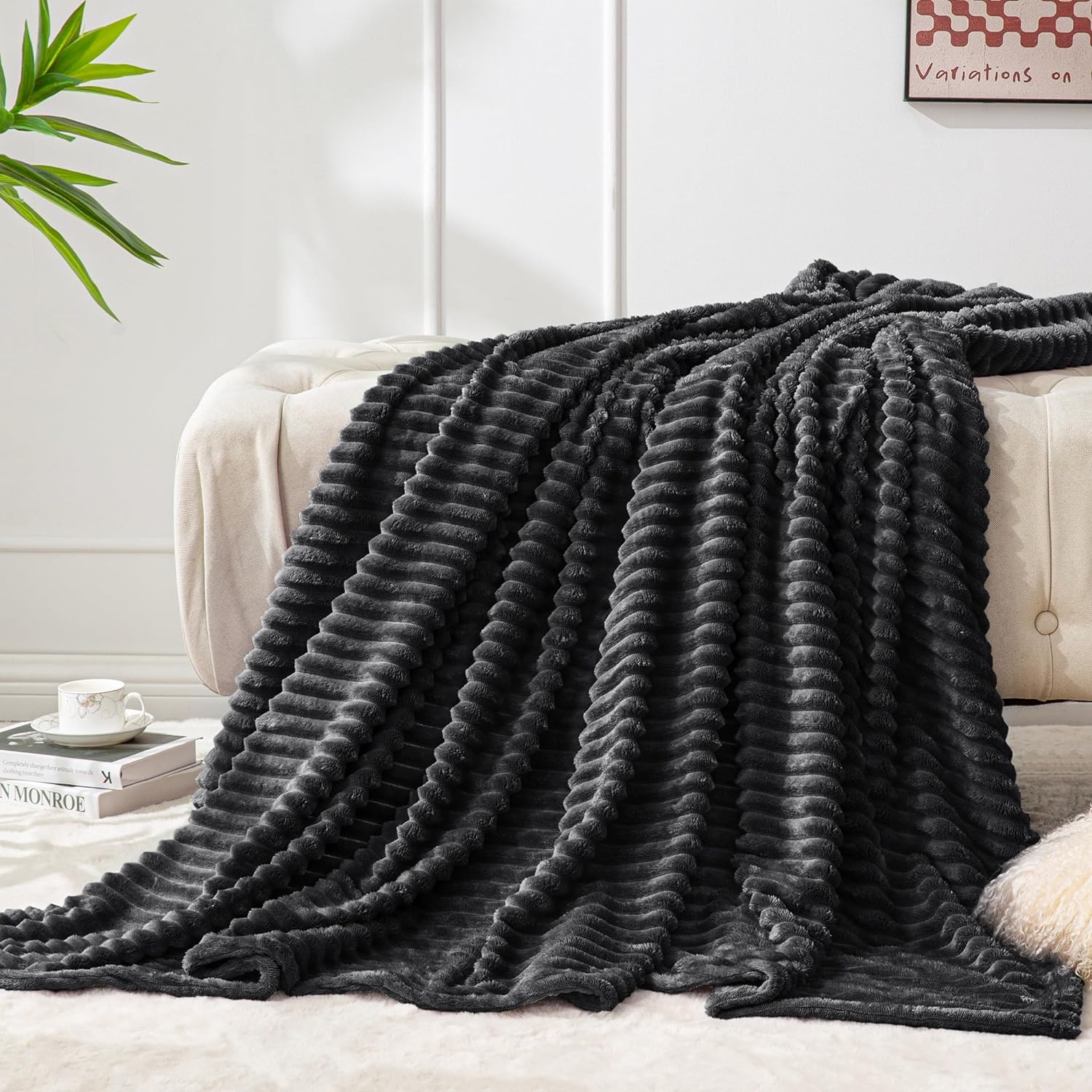 BEDELITE Manta de vellón tamaño individual  Manta decorativa de jacquard acanalado 3D, suave y cálida, acogedora, esponjosa, ligera de felpa para