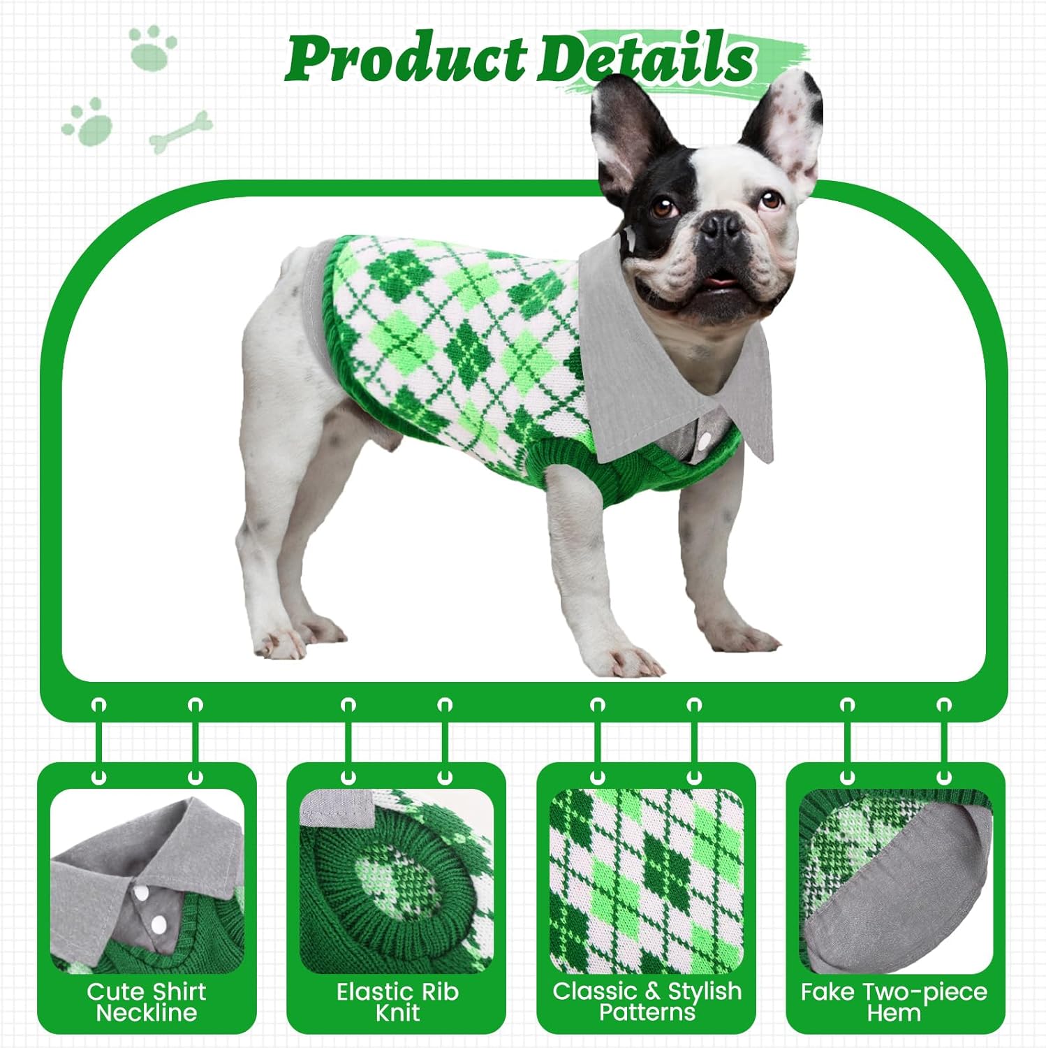 ASENKU Suéter cálido para perro, suéter de punto para cachorros, suéter de invierno suave para perros pequeños, traje de cuello alto a cuadros,