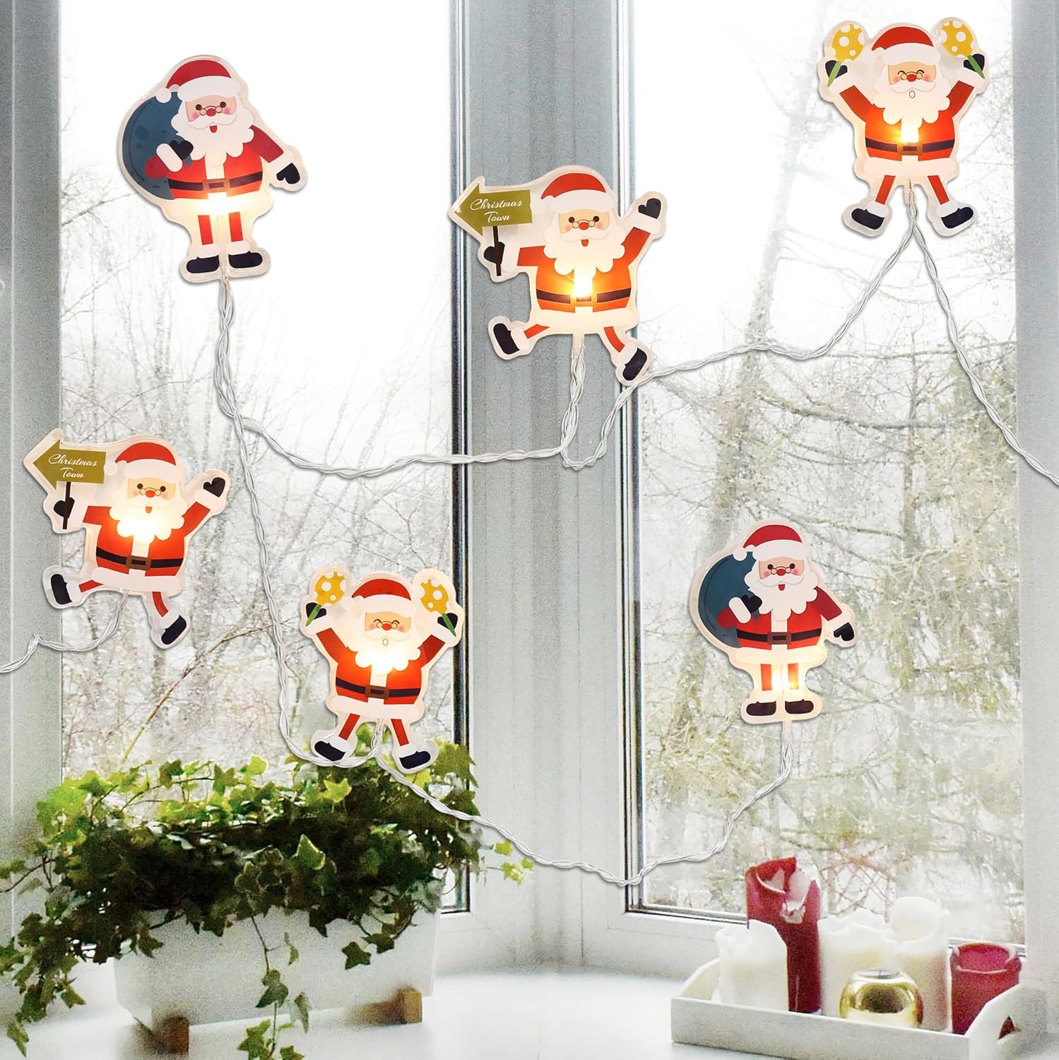 Guirnalda de luces de Navidad, 5.4 pies, 6 luces LED de Papá Noel, luces de hadas para interiores, funciona con pilas, guirnalda de luces LED de