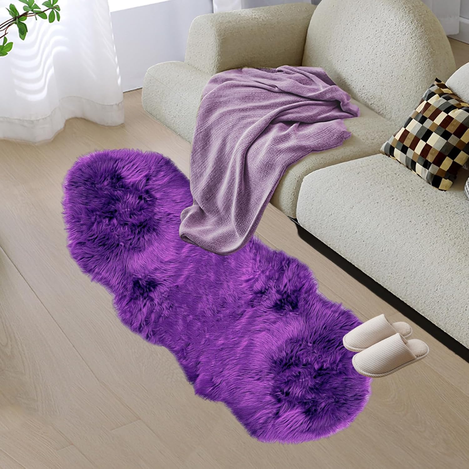 Alfombra suave y esponjosa con forma de oveja sintética, alfombra de área de piel morada, funda de sofá, cojín de asiento, alfombra peluda junto a