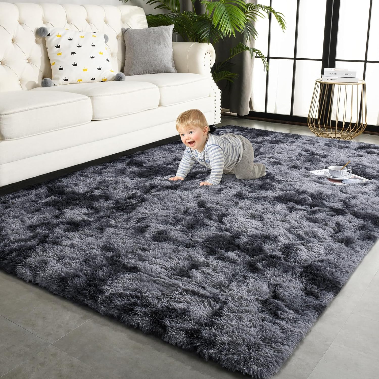 TWINNIS Alfombras grandes de 5 x 8 pulgadas para sala de estar, dormitorio, teñido anudado gris oscuro, alfombras de felpa súper suaves para