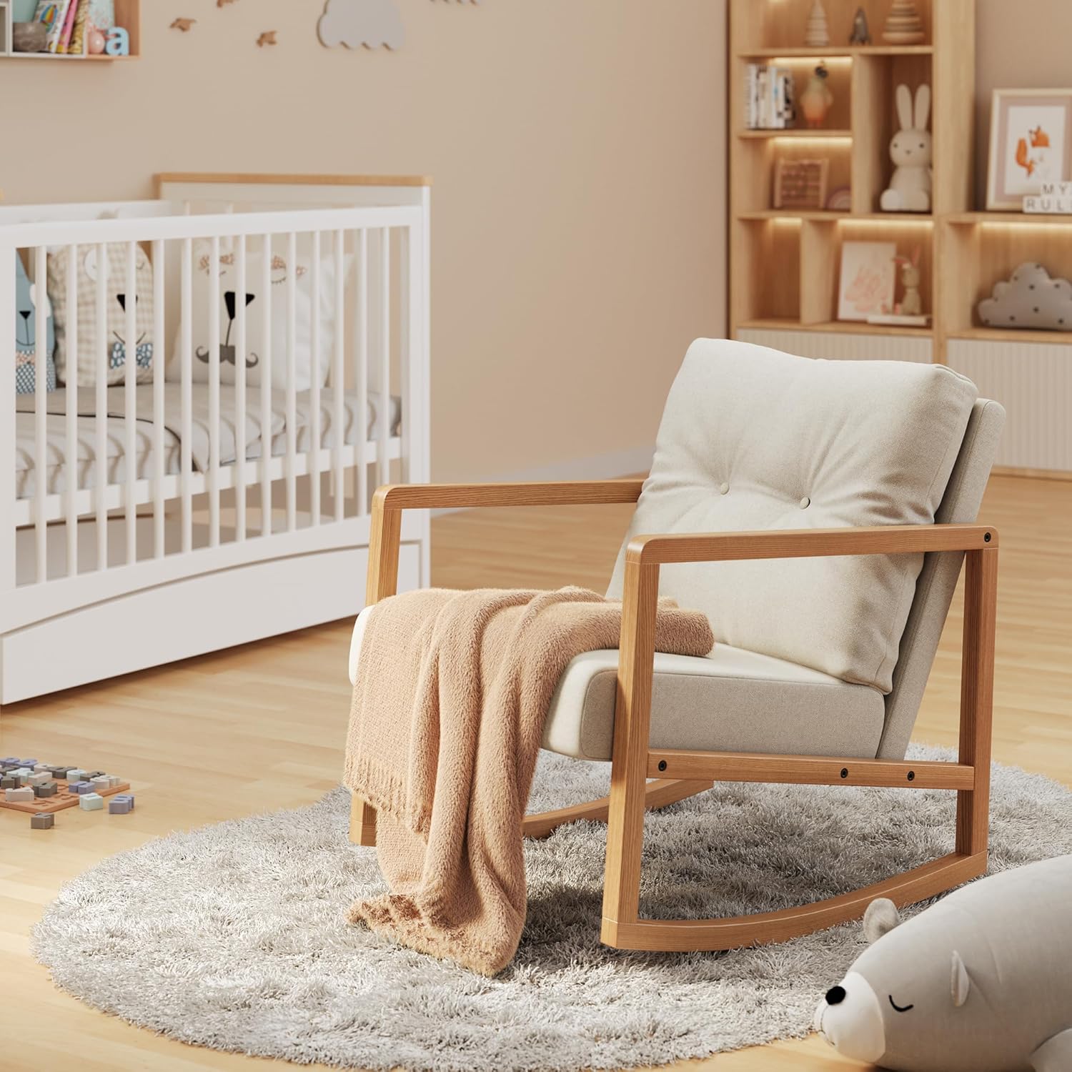 Gizoon Mecedora decorativa de mediados de siglo, silla tapizada de lino, sillón reclinable individual con almohada trasera extra, marco de madera