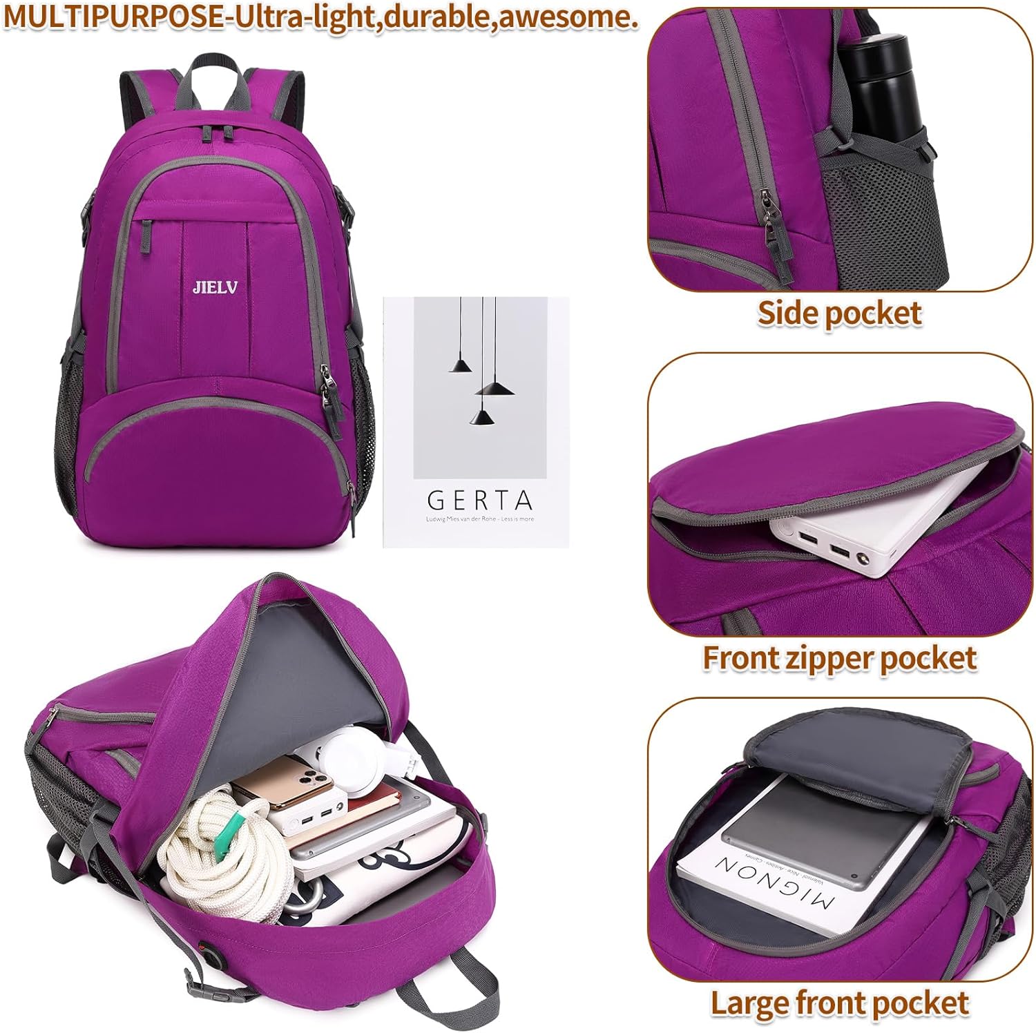 Mochila de senderismo pequeña Mochilas de viaje ligeras Mochila impermeable para senderismo para mujeres y hombres, púrpura, (Purple-30L), Casual
