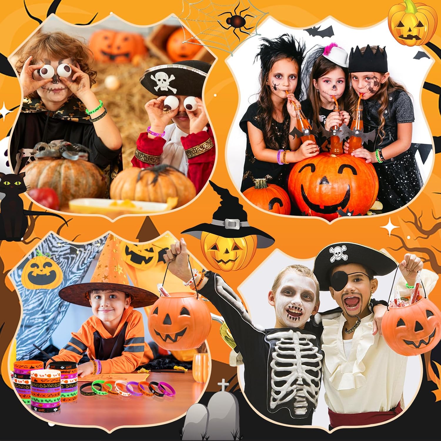 JUNEBRUSHS 64 pulseras de silicona para fiestas de Halloween, pulseras de goma para fiesta de Halloween, dulce o truco, relleno de bolsas de regalo,