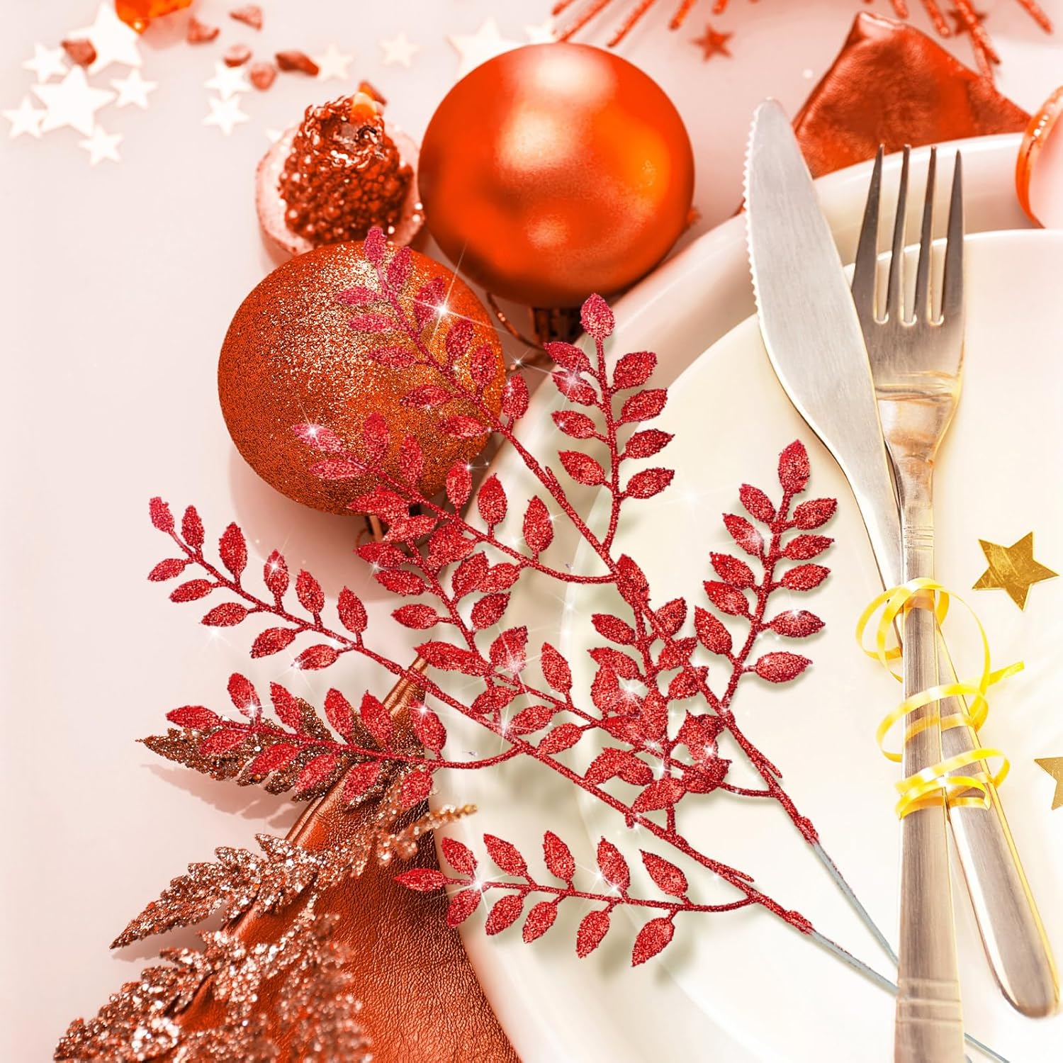100 púas artificiales de Navidad con purpurina de 14.6 pulgadas, diseño de hojas brillantes, para árbol de Navidad, coronas de invierno, para