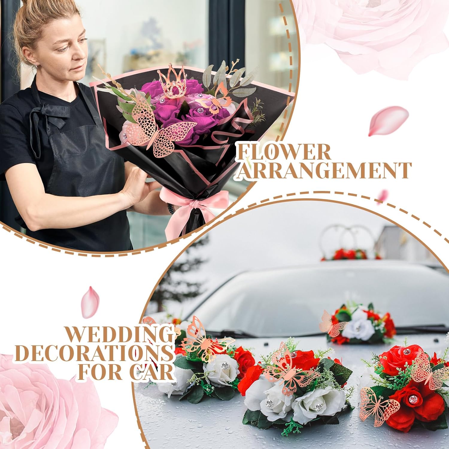 Ceenna 294 accesorios para ramos de flores que incluyen 40 hojas de papel de regalo de flores con borde dorado, 6 mini coronas, 48 decoraciones de