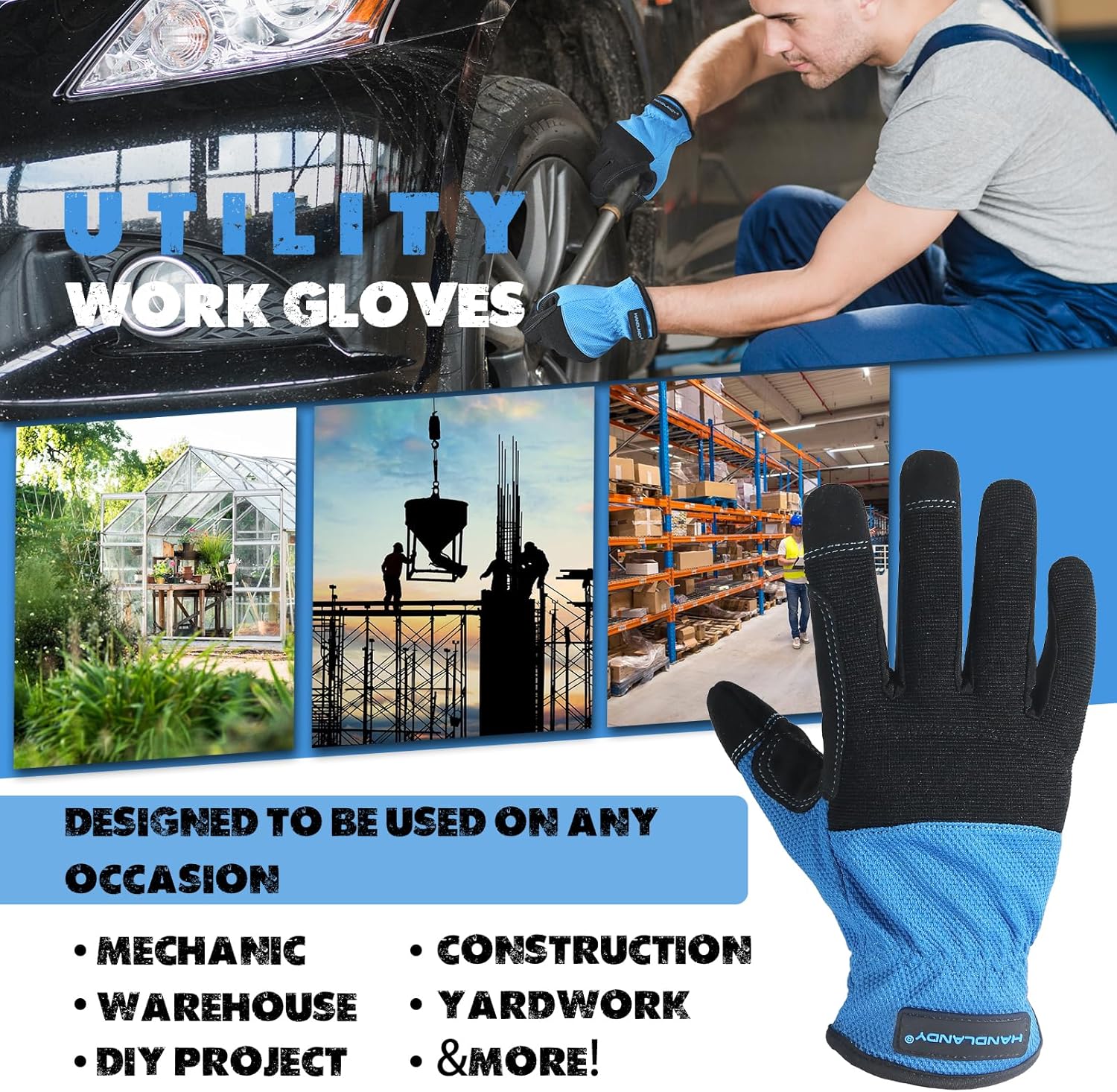 HANDLANDY – Guantes de trabajo para hombre aptas para pantalla táctil, guantes para mecánico flexibles y transpirables, con nudillos y palma