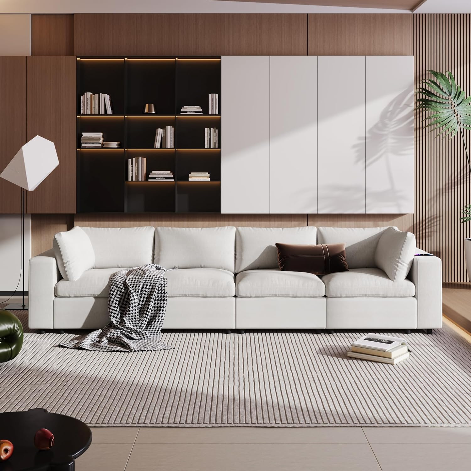 Sofá modular modular en forma de L de 4 plazas con puertos de carga USB, carga inalámbrica y altavoz Bluetooth integrado en el brazo, sofá cama