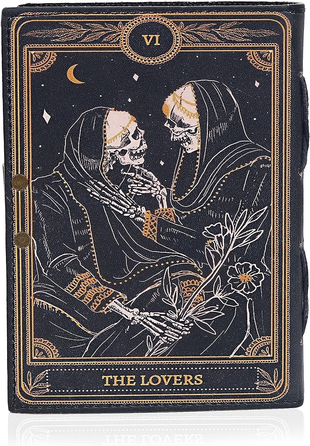 C CUERO Libro de hechizos Diario de cuero con borde deckle de papel Grimorio impreso diario The Lovers Tarot cuaderno espiral gótico para amantes de