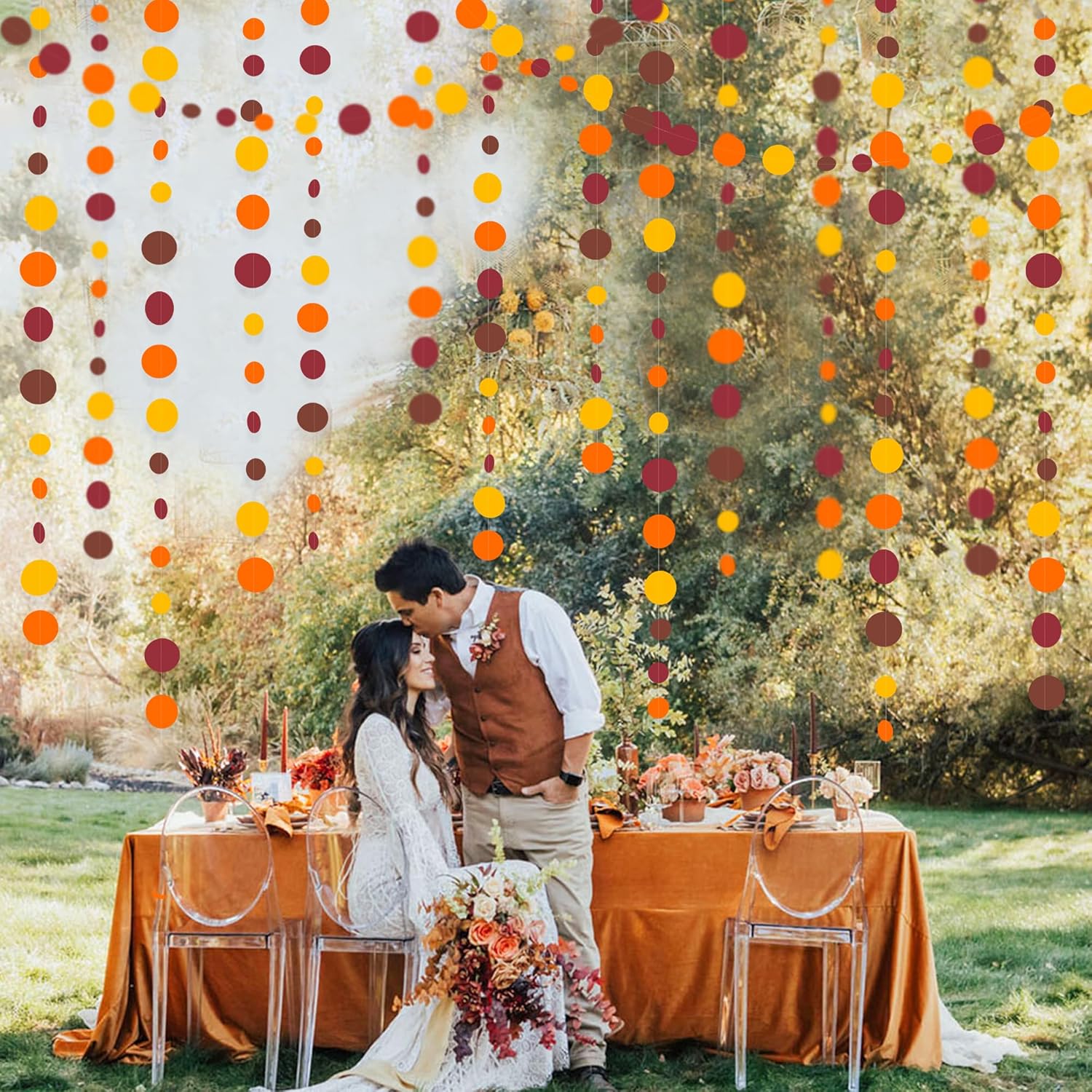 Decoraciones de fiesta de otoño de 46 pies, guirnaldas de lunares naranja, amarillo, borgoña, marrón, papel para colgar, serpentina de puntos para
