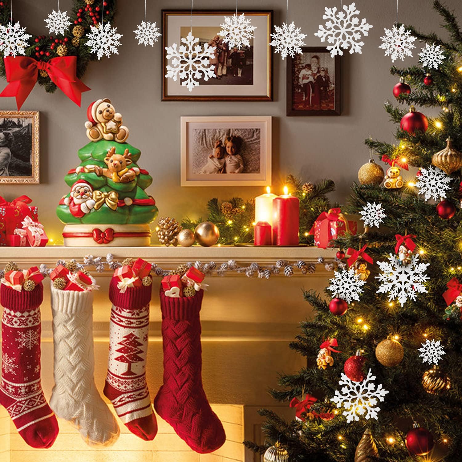 46 piezas de adornos de copo de nieve con purpurina blanca de varios tamaños, decoraciones de árbol de Navidad de plástico con cuerda plateada para