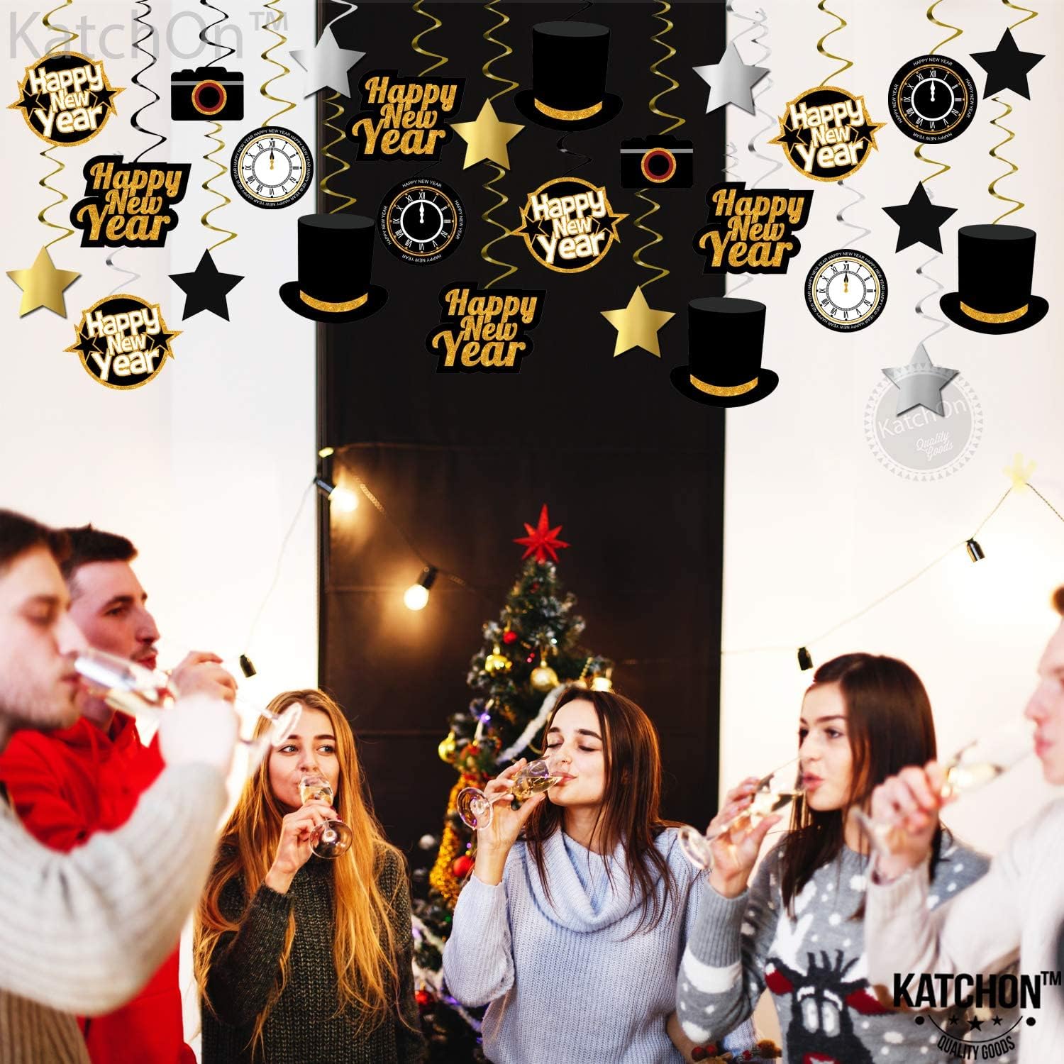 KatchOn, Remolinos colgantes de feliz año nuevo, paquete de 30  Suministros de fiesta de Año Nuevo negro y dorado 2024  Decoraciones de Año Nuevo