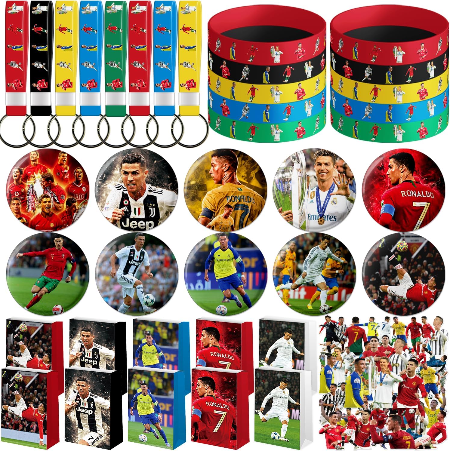 90 decoraciones de fiesta de estrella de fútbol incluyen 10 pulseras, 10 llaveros, 10 pines de botón, 10 bolsas de papel y 50 calcomanías,