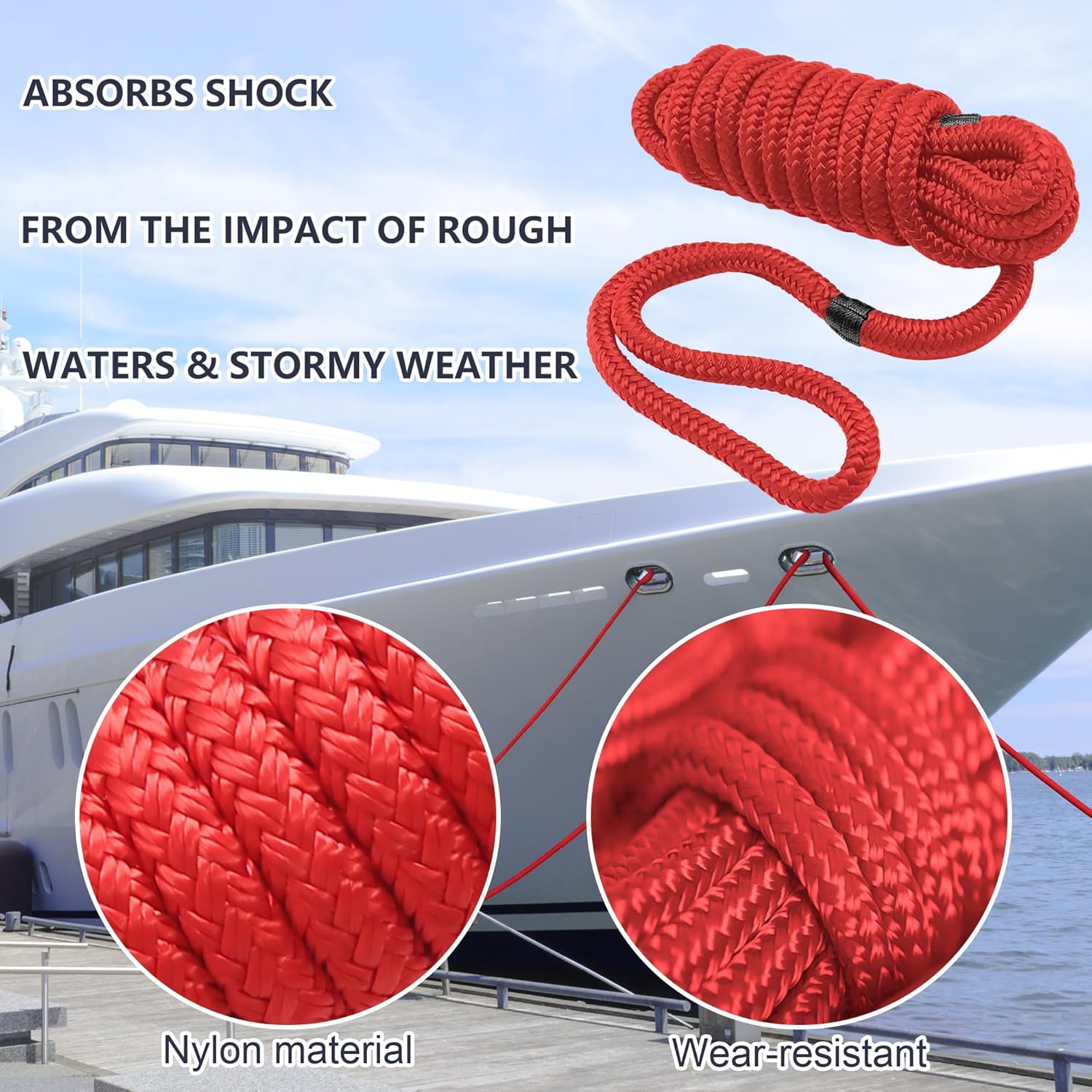 Líneas de muelle de barco de 38 pulgadas x 15 pies, líneas de muelle de nailon trenzado doble y cuerda duraderas para barcos, cuerdas de barco para